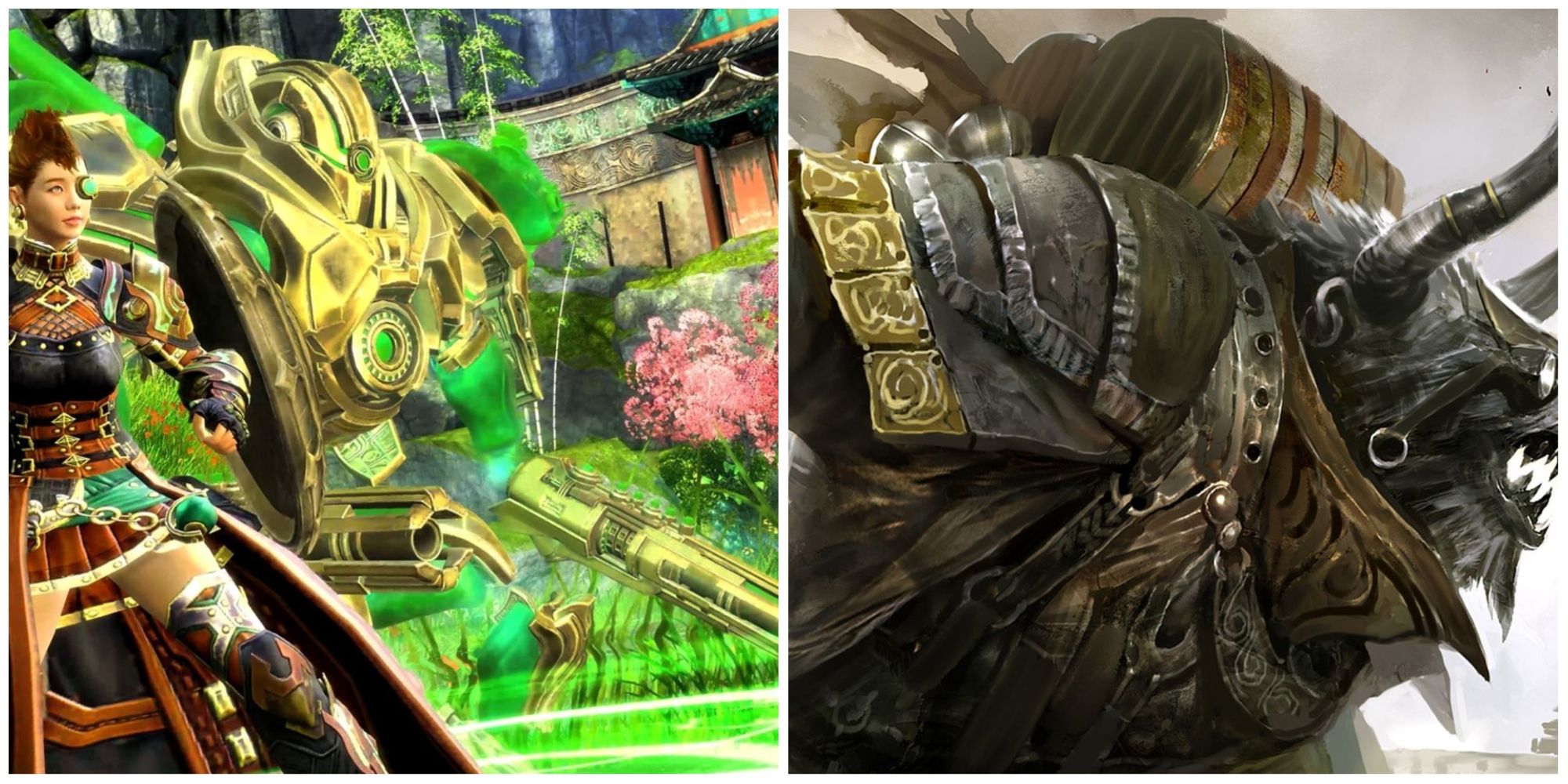A feature image for the Guild Wars 2 Engineer PvP guide. Showing a Canthan Mechanist and some Charr engineer concept art. 