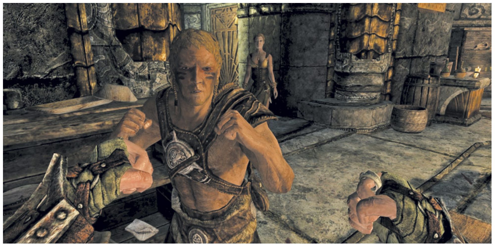 The player brawling with Cosnach in Skyrim