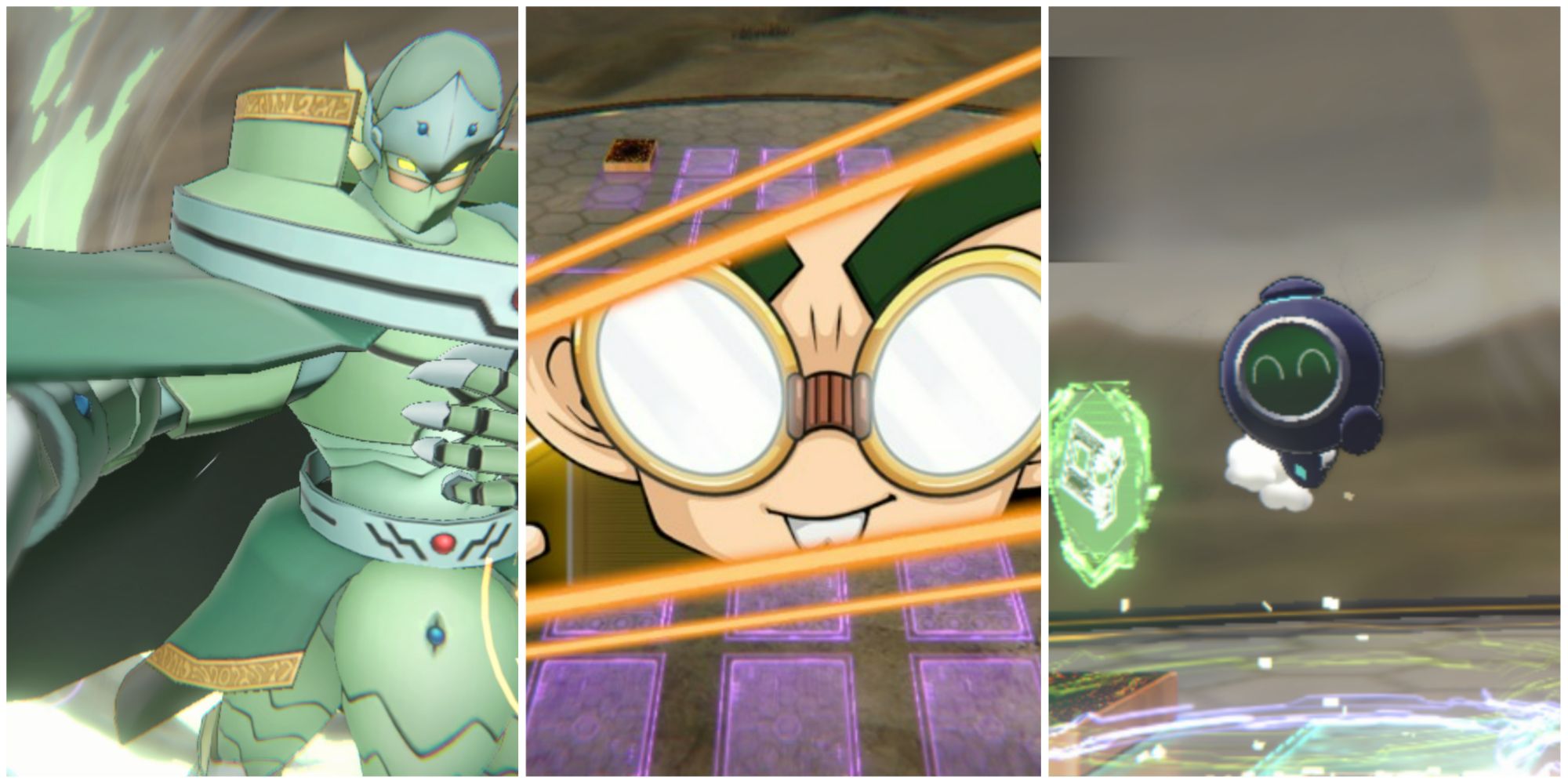 Yu-Gi-Oh! Cross Duel - split feature image featuring screenshots of Raiza the Storm Monarch, the Raid Duelist, and Linkuriboh