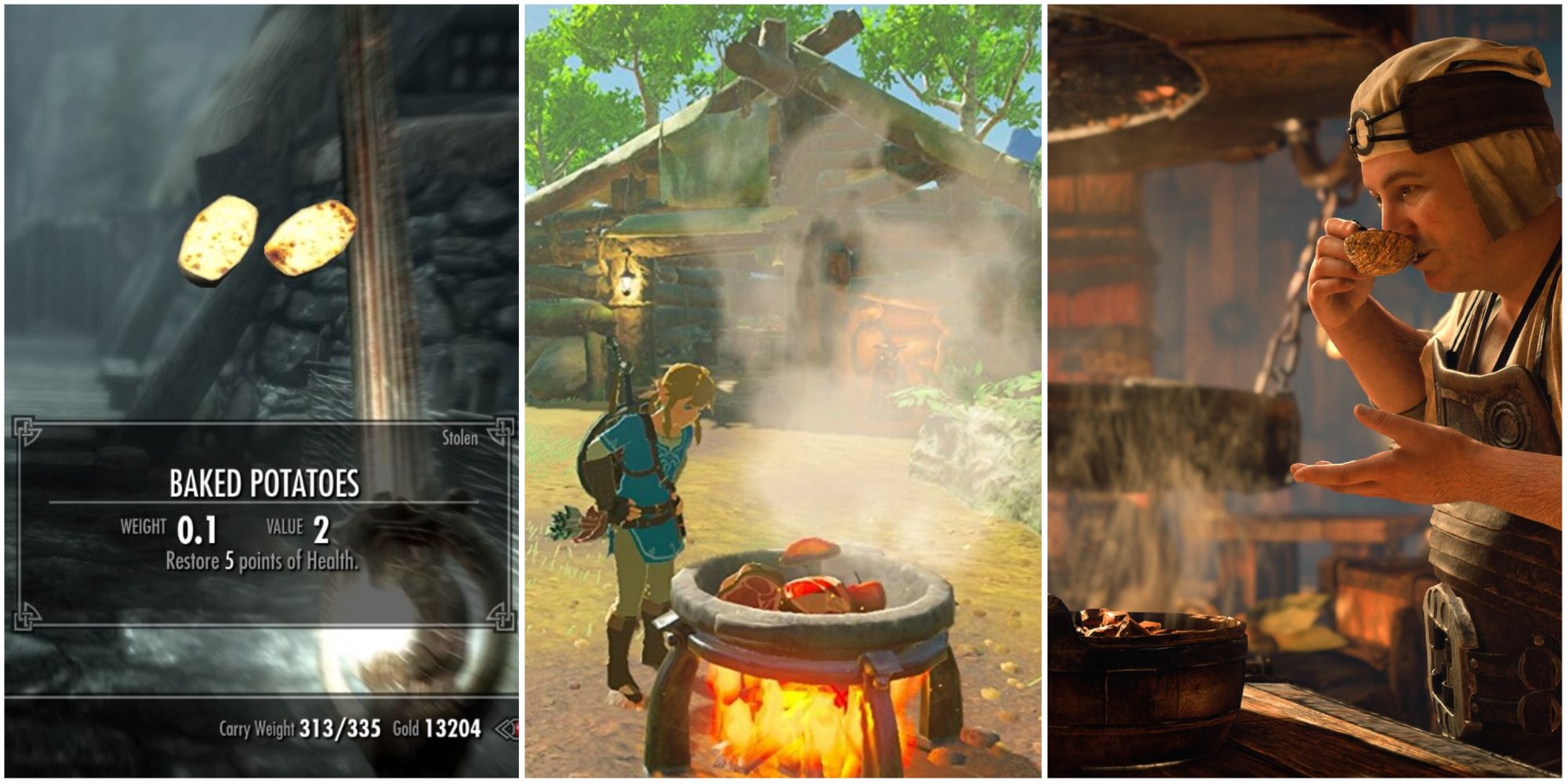 Different food mechanics in  Skyrim, Breath of the Wild and Horizon Forbidden West