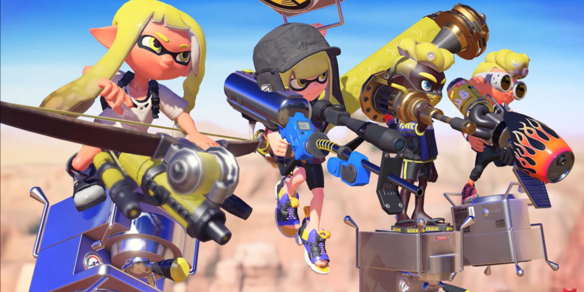 Two Yellow Inklings and two yellow Octolings prepare to launch into a Turf War