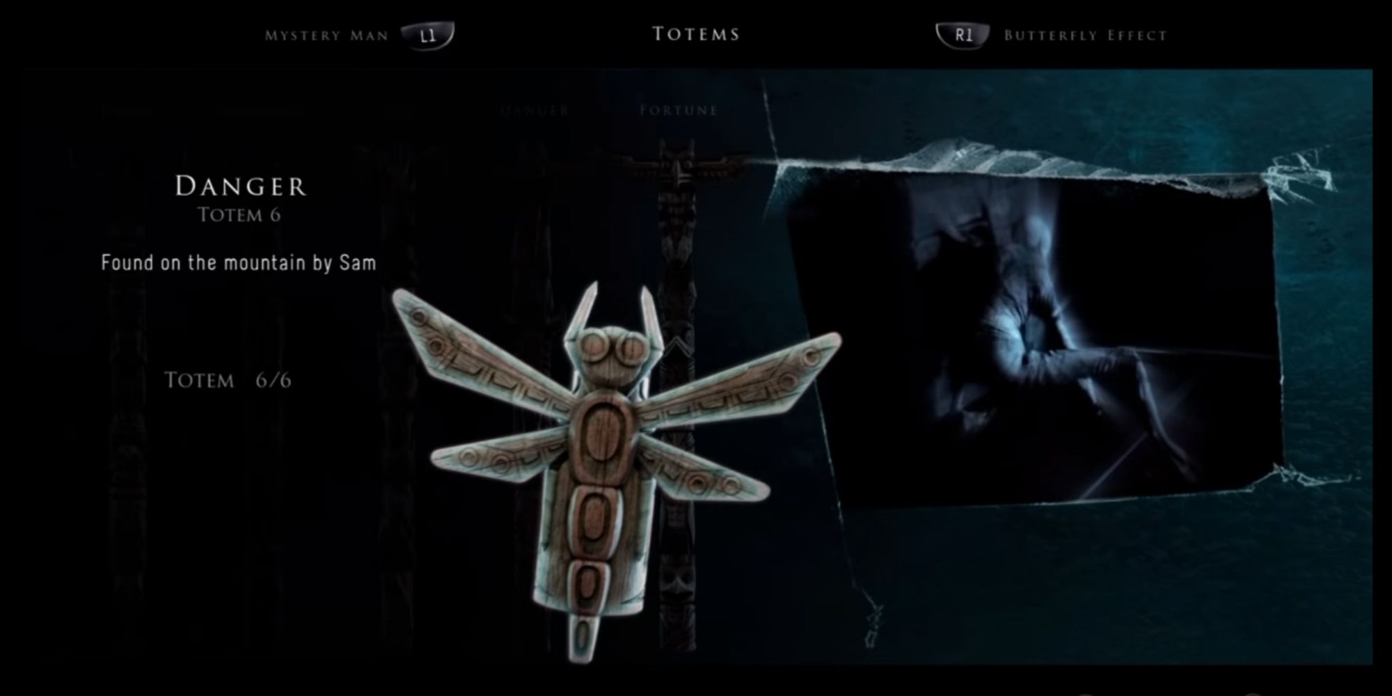 Danger Totem with red accents showing a wendigo from the mines coming into the cabin after Sam runs away from it in terror