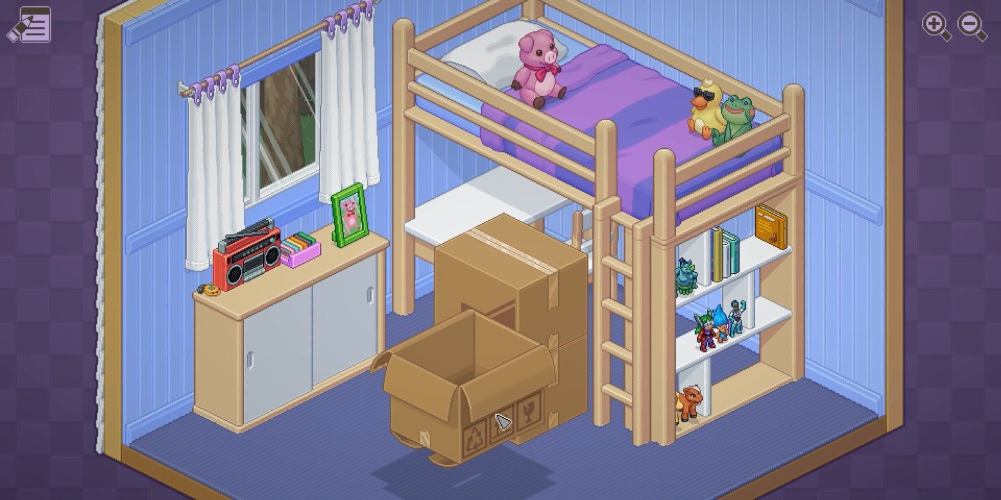 Unpacking, childhood room clicking to destroy a box after emptying 