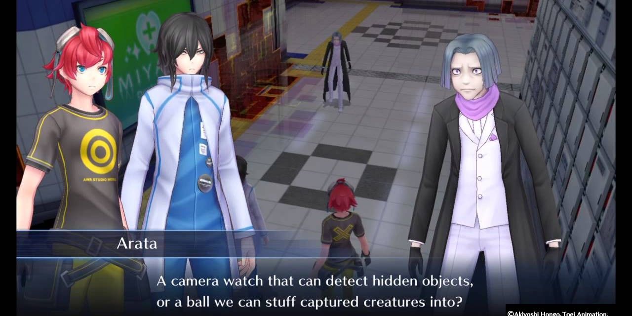 Digimon Story: Cyber Sleuth screenshot that references both Pokemon and Yokai Watch. Arata's texts reads: "A camera watch that can detect hidden objects, or a ball we can stuff captured creatures into?"