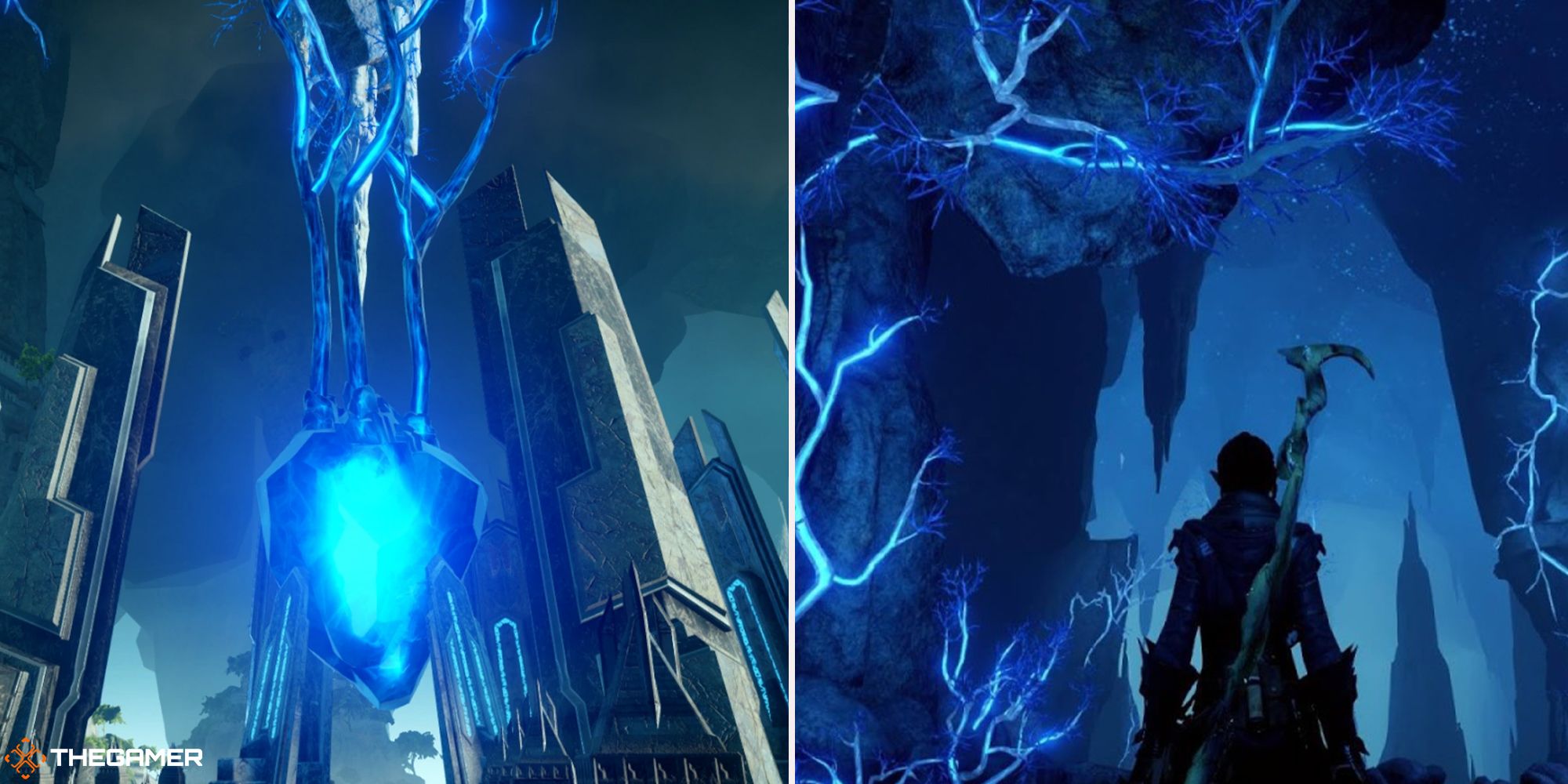 Dragon Age Inquisition The Descent - Heart of a Titan (left) and lyrium veins in a cave (right)