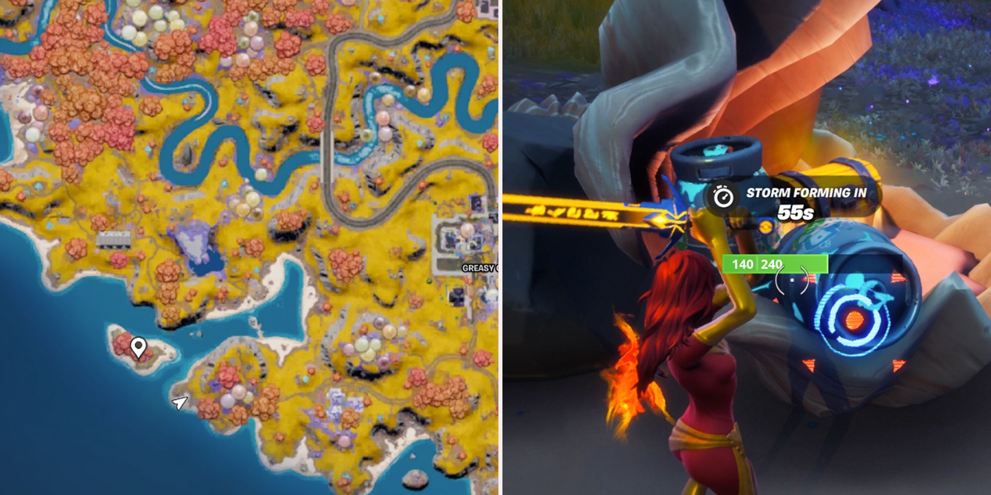 Fortnite map marker next to Greasy Grove. Jean Grey melee attacking shield barrels with a glowing gold sword.