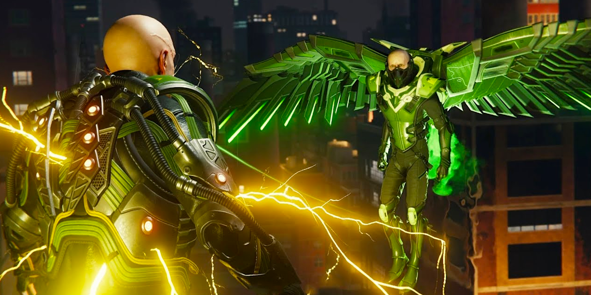 Electro speaking with an airborne Vulture, preparing to fight Spider-Man