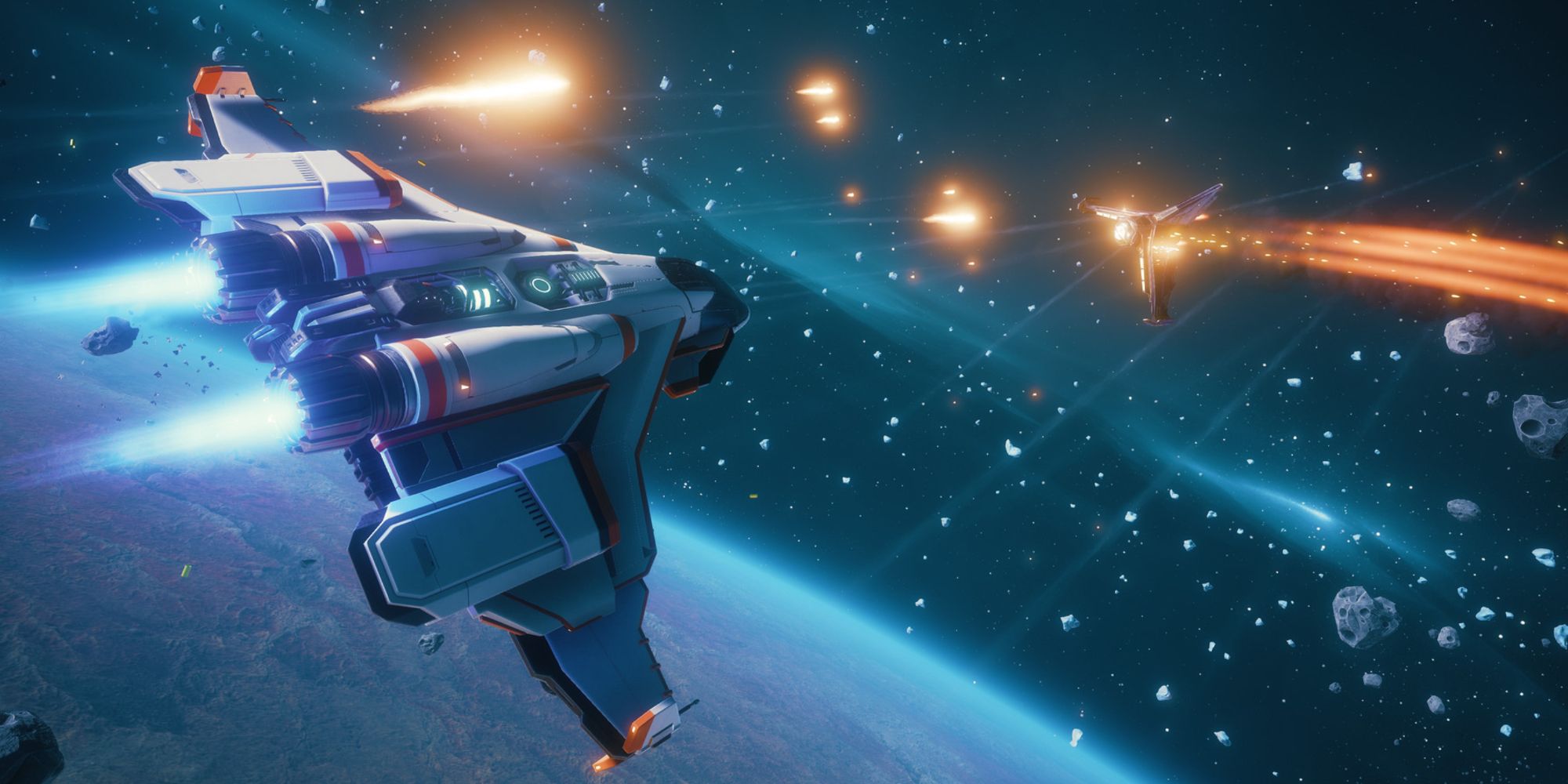 Spaceship in a dogfight battle with another ship in space in Everspace