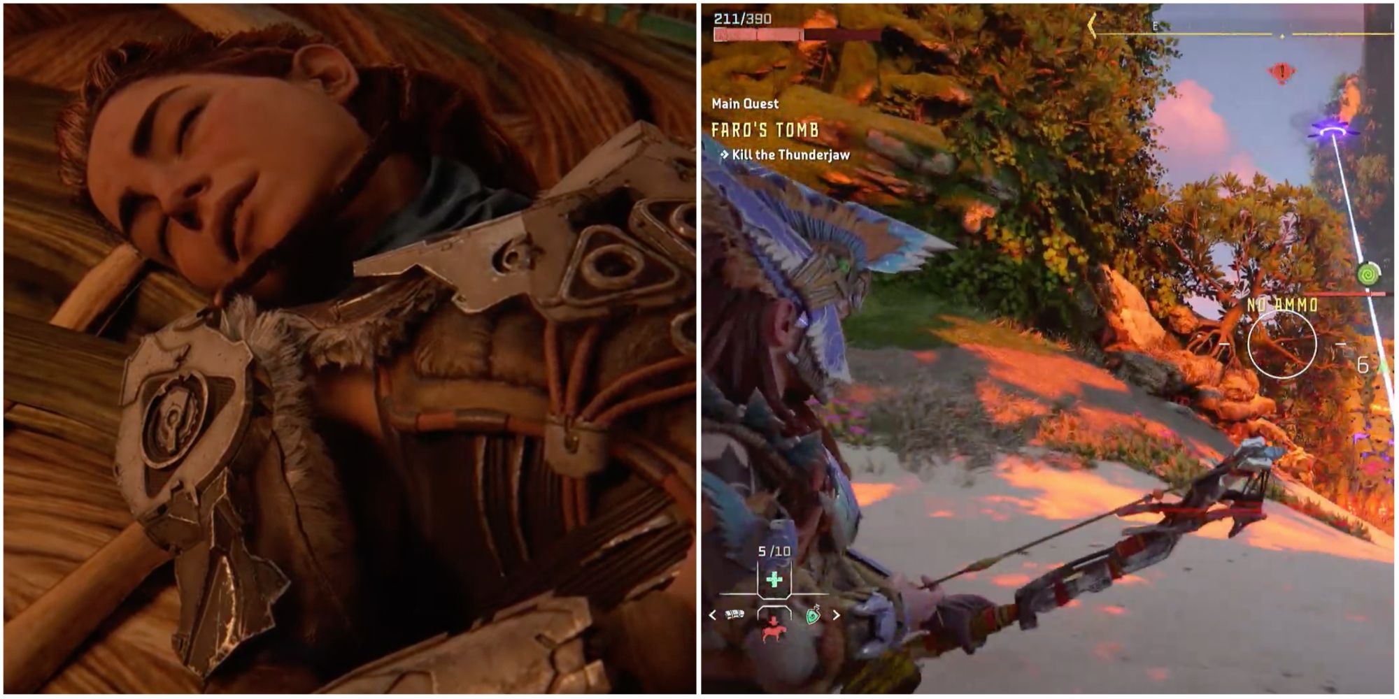 Collage of Aloy lying injured and fighting a Thunder Jaw in Horizon Forbidden West