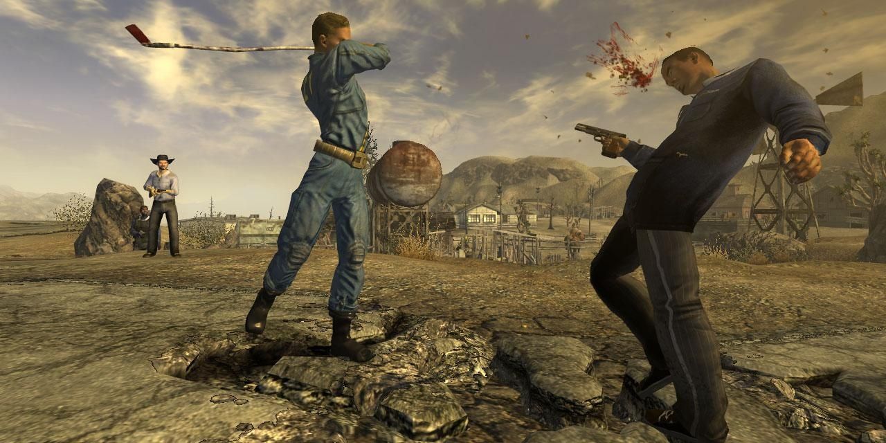 A person hitting another with a golf club in Fallout New Vegas