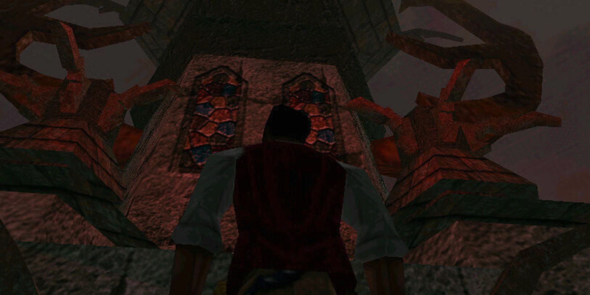 Elder Scrolls Redguard Cyrus looking up at a towering red building.