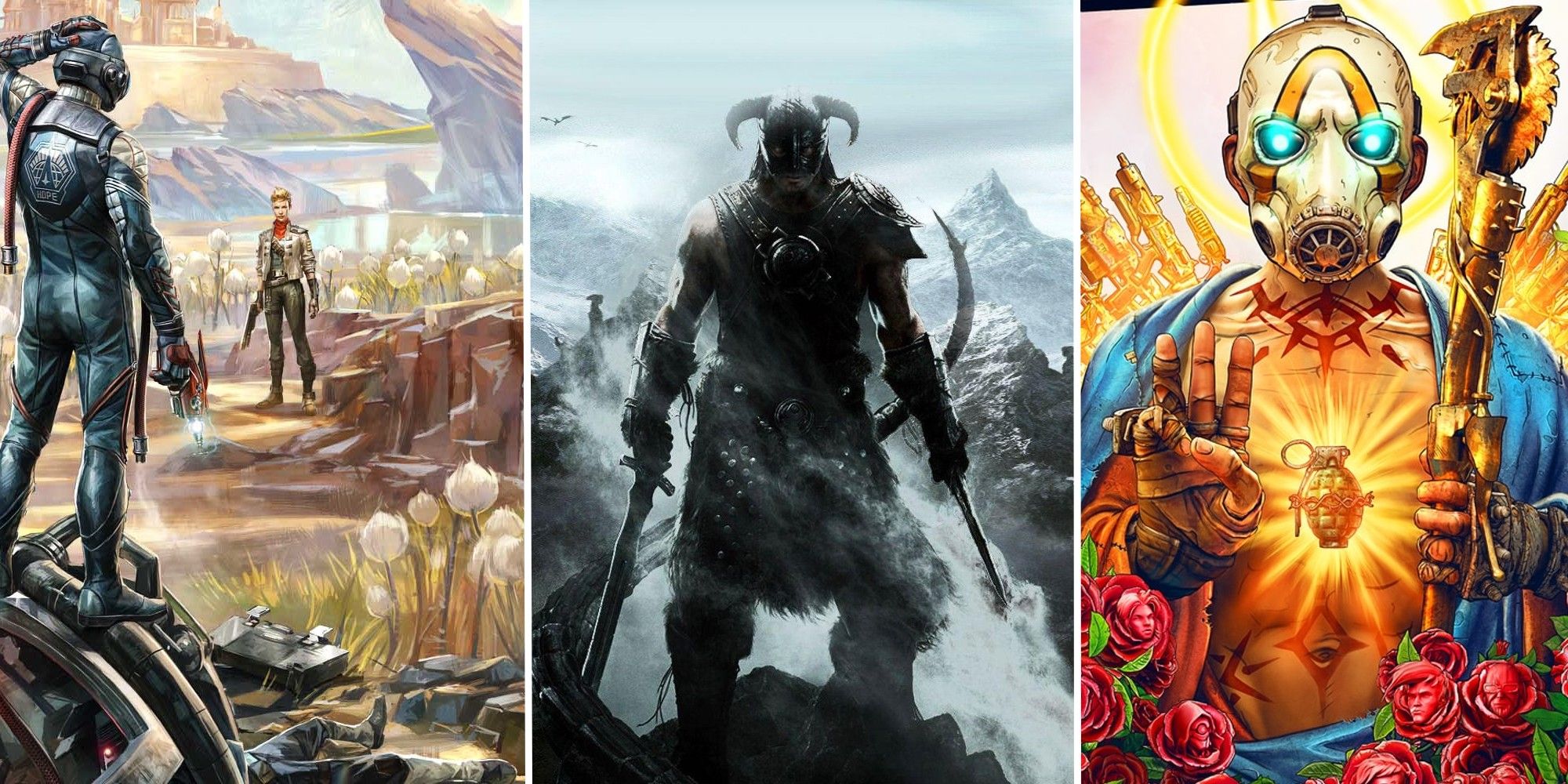 10 Best RPG Trailers Feature Image: Outer Worlds on the left, Skyrim in the middle, Borderlands on the right