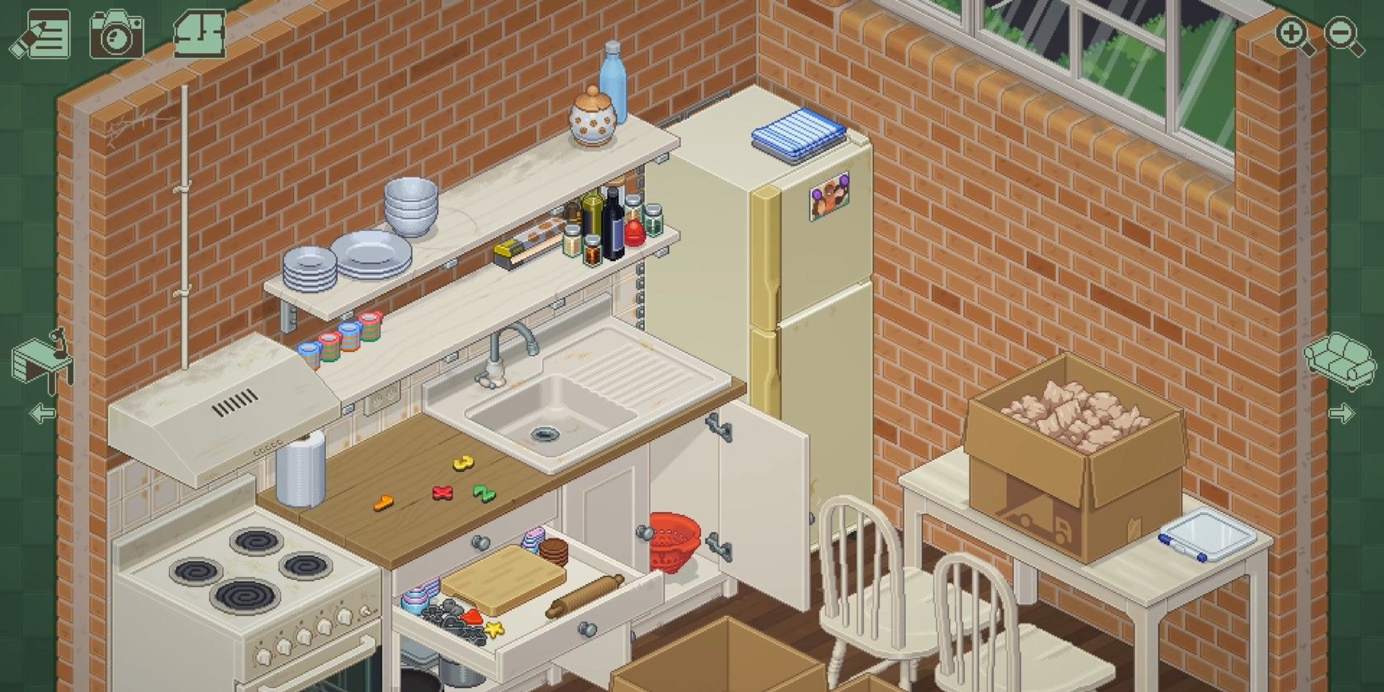 Unpacking, kitchen placement with several items placed, number magnets on the counter