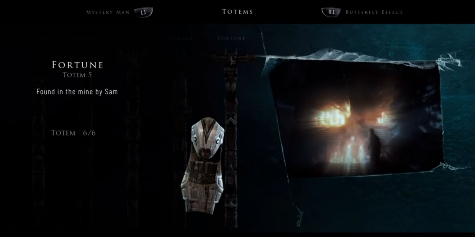 Fortune Totem with white accents shows the cabin in the woods ablaze with someone walking before it just as dawn comes