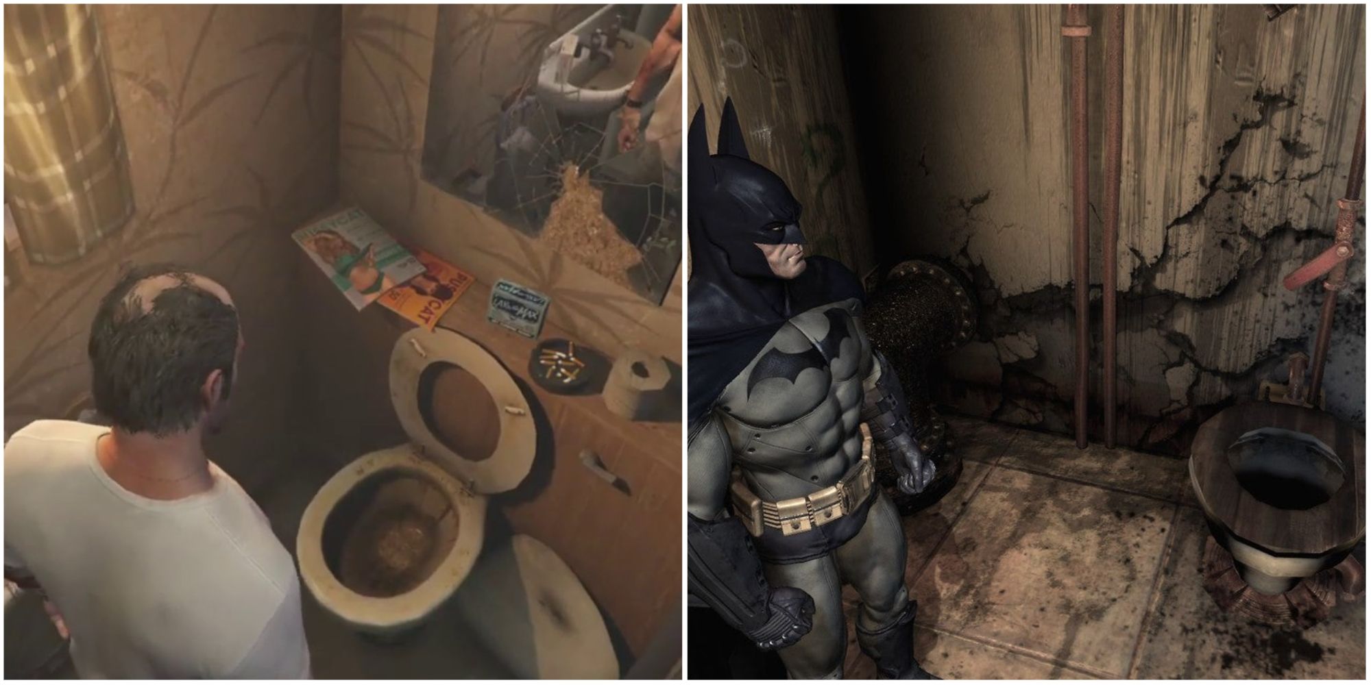 Trevor looking at a toilet in GTA V and Batman looking at a dirty toilet in Arkham Asylum