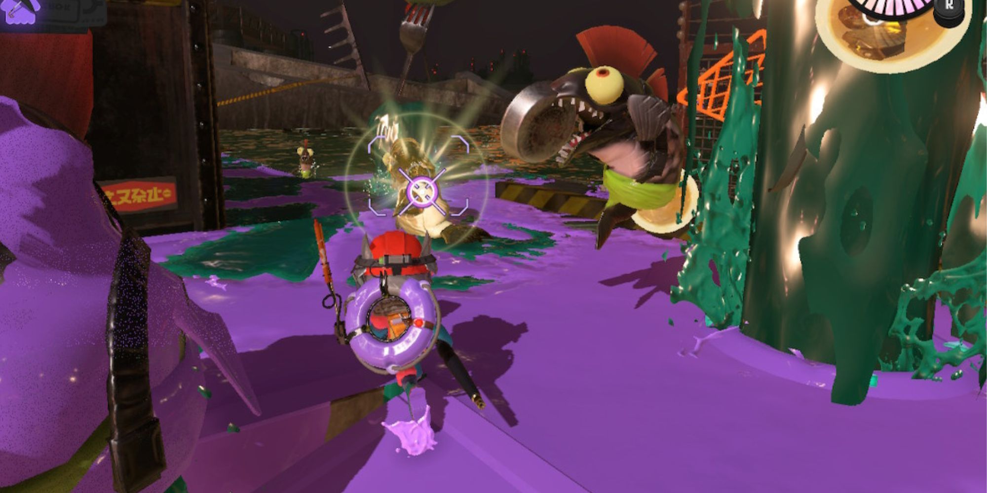 An Inkling chases a Goldie while a Smallfry jumps at it