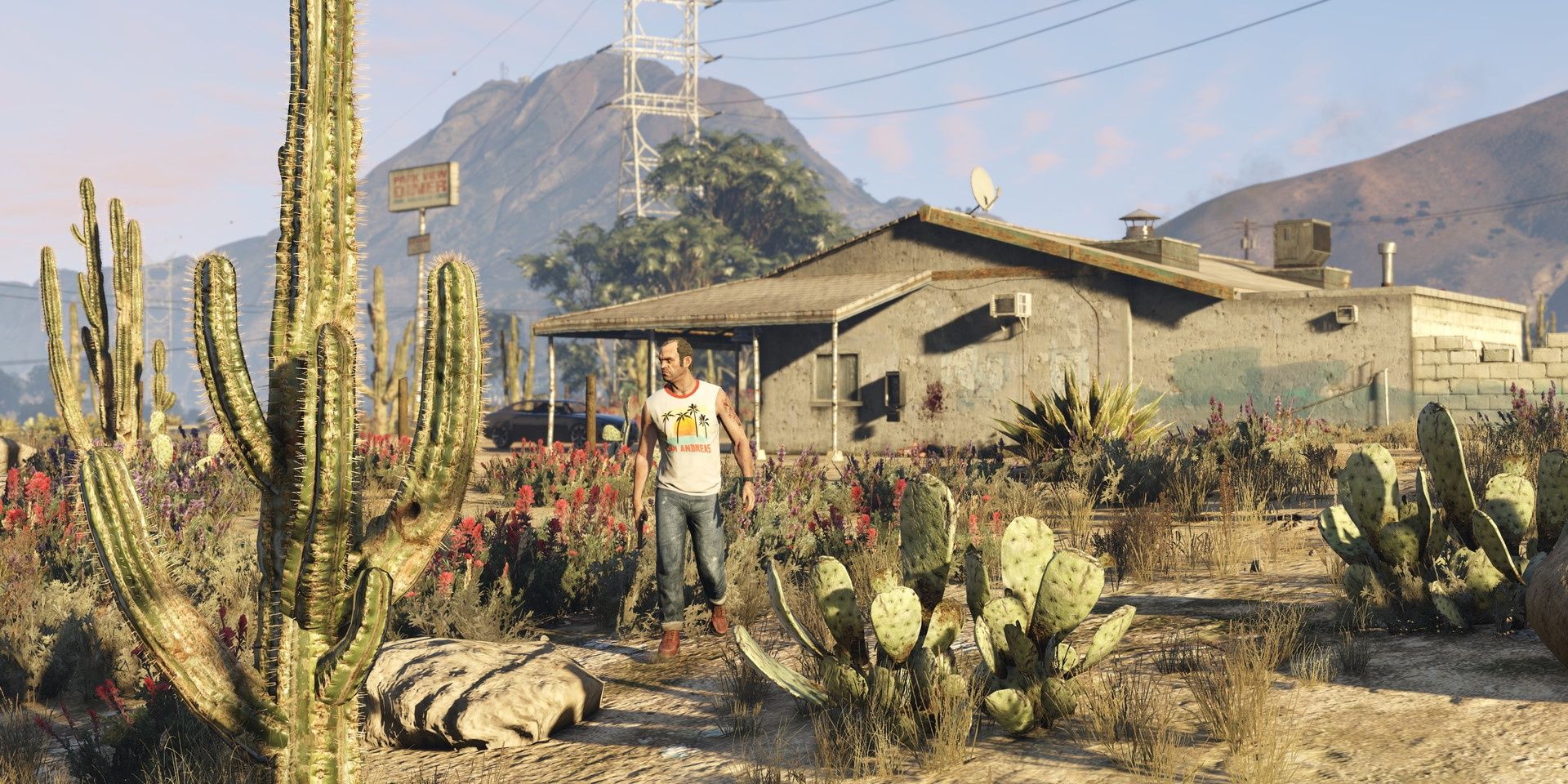 Trevor walking away from his home in the desert in Grand Theft Auto 5