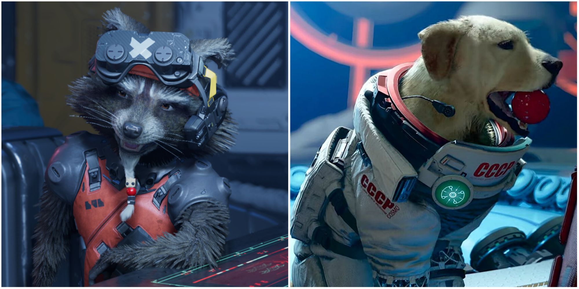 Collage of Rocket the Raccoon and Cosmo the psychic space dog with a red ball in his mouth in Guardians of the Galaxy