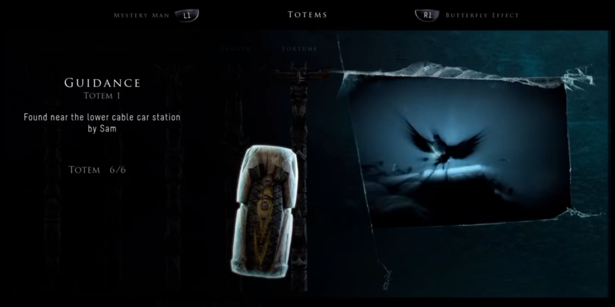 Guidance Totem with yellow accents showing the vision of a bird landing on a snowy table, flying away unharmed. 
