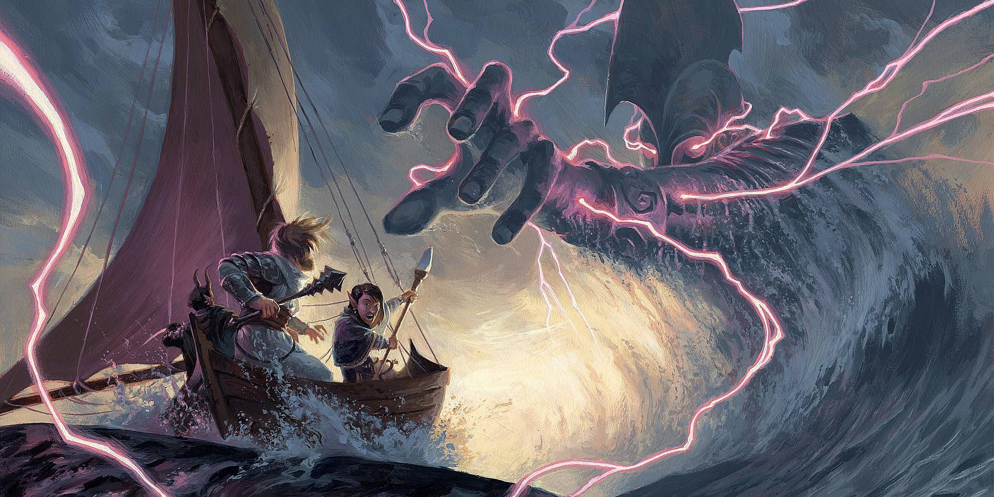 A few figures in a small boat face a large wave of water that forms a giant humanoid figure that emits purple lightning