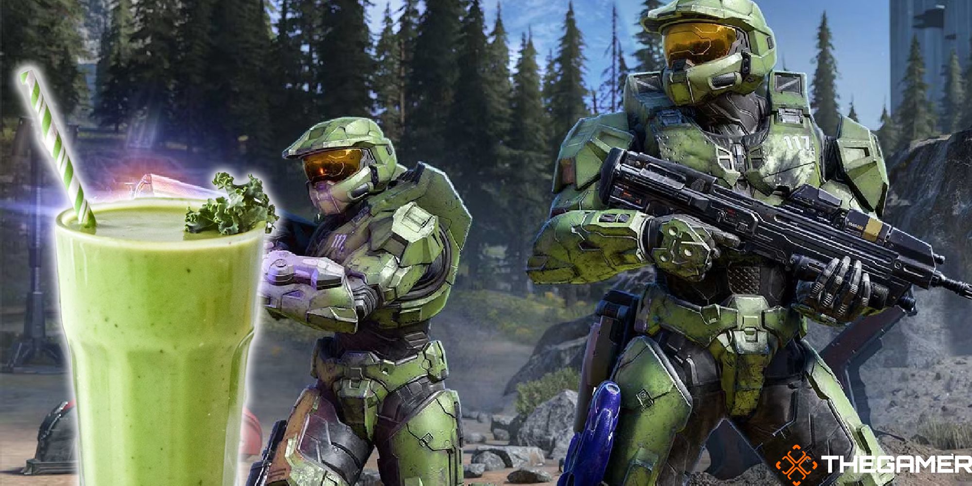 A green smoothie sits in front of two Halo soldiers playing Co-Op. Custom image for TG.