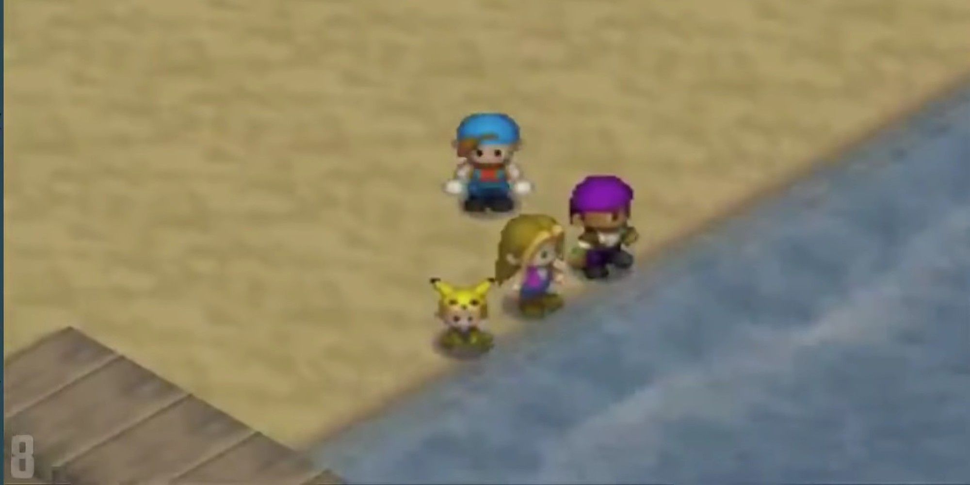 Harvest Moon 64 screenshot of the character standing behind Karen, Kai, and their child, who is wearing a Pikachu hat