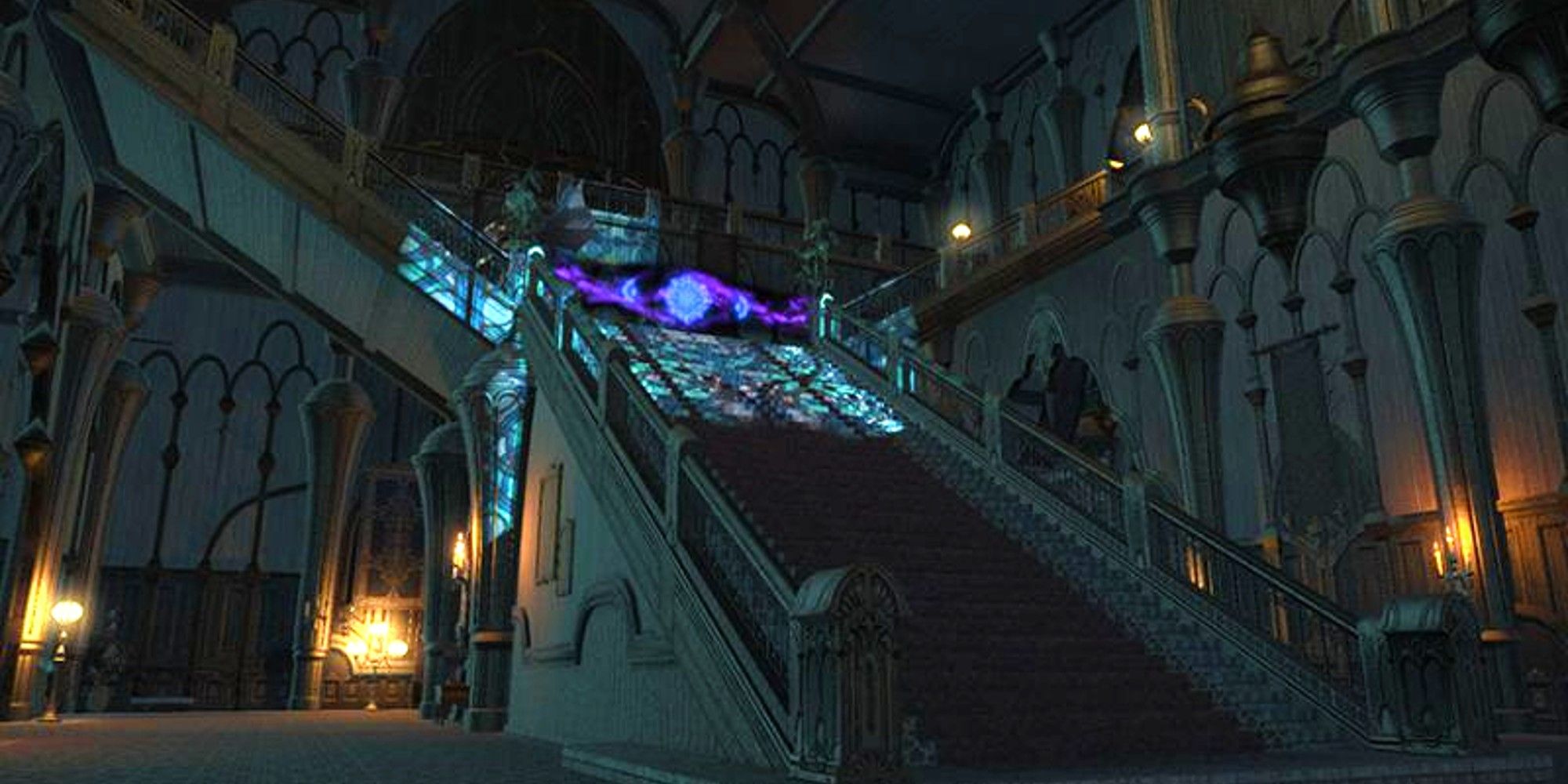 Haukke Manor a dark staircase illuminated by a glass window