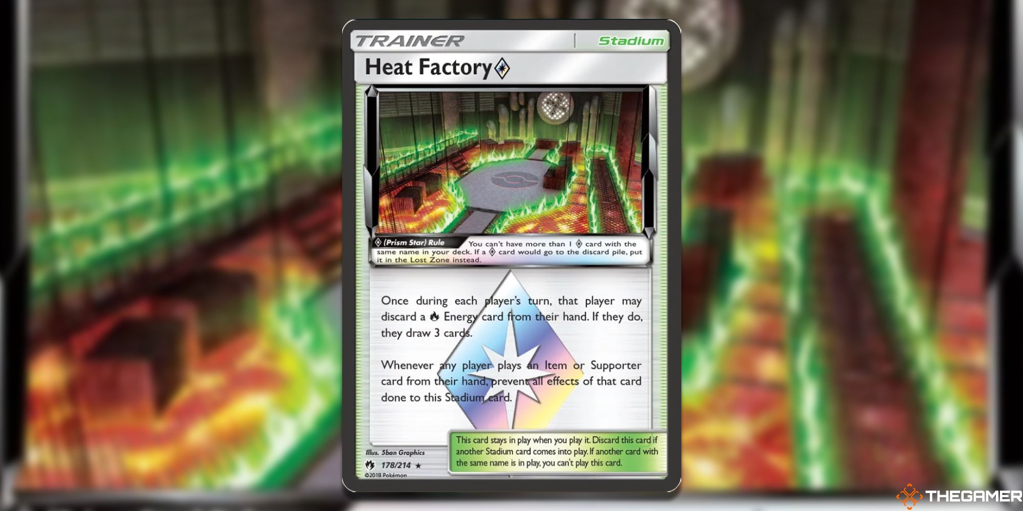 Heat Factory Prism Star Pokemon TCG Card with blurred background