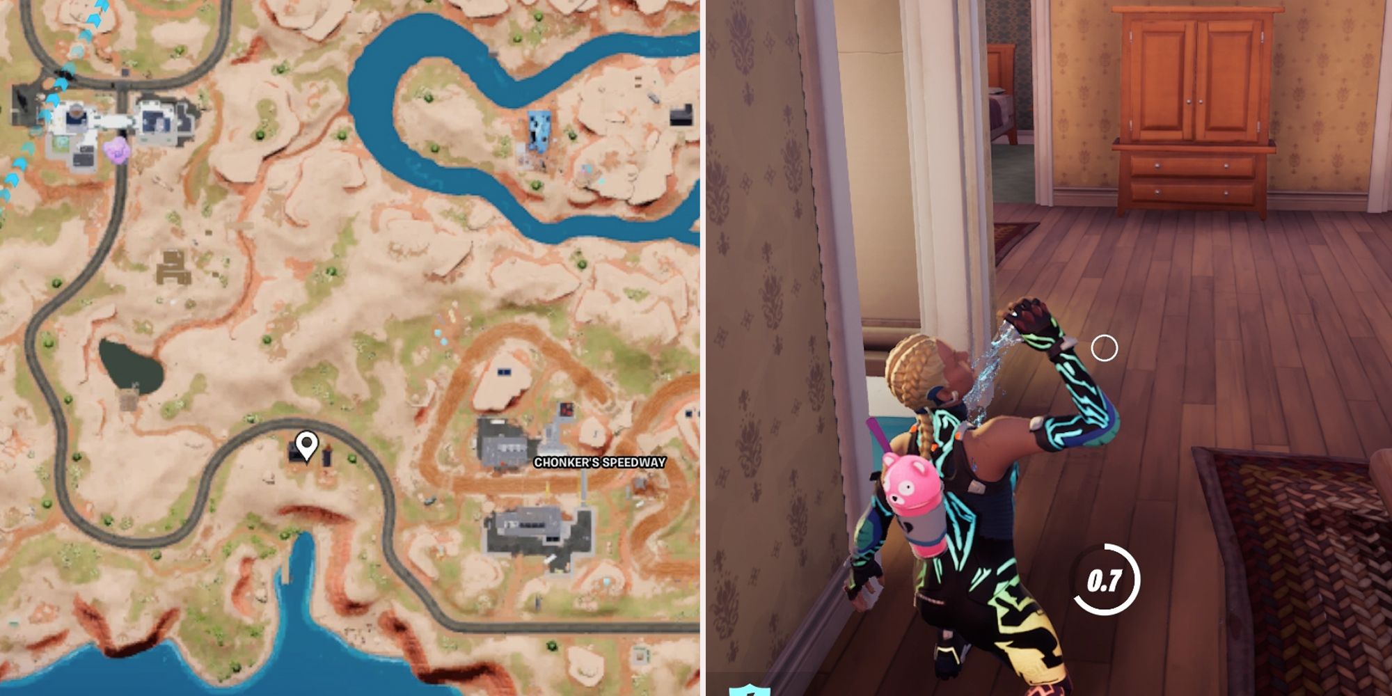 Fortnite map marker at a small house near Chonker's Speedway. Paradigm skin drinking a shield potion while crouching in a house.