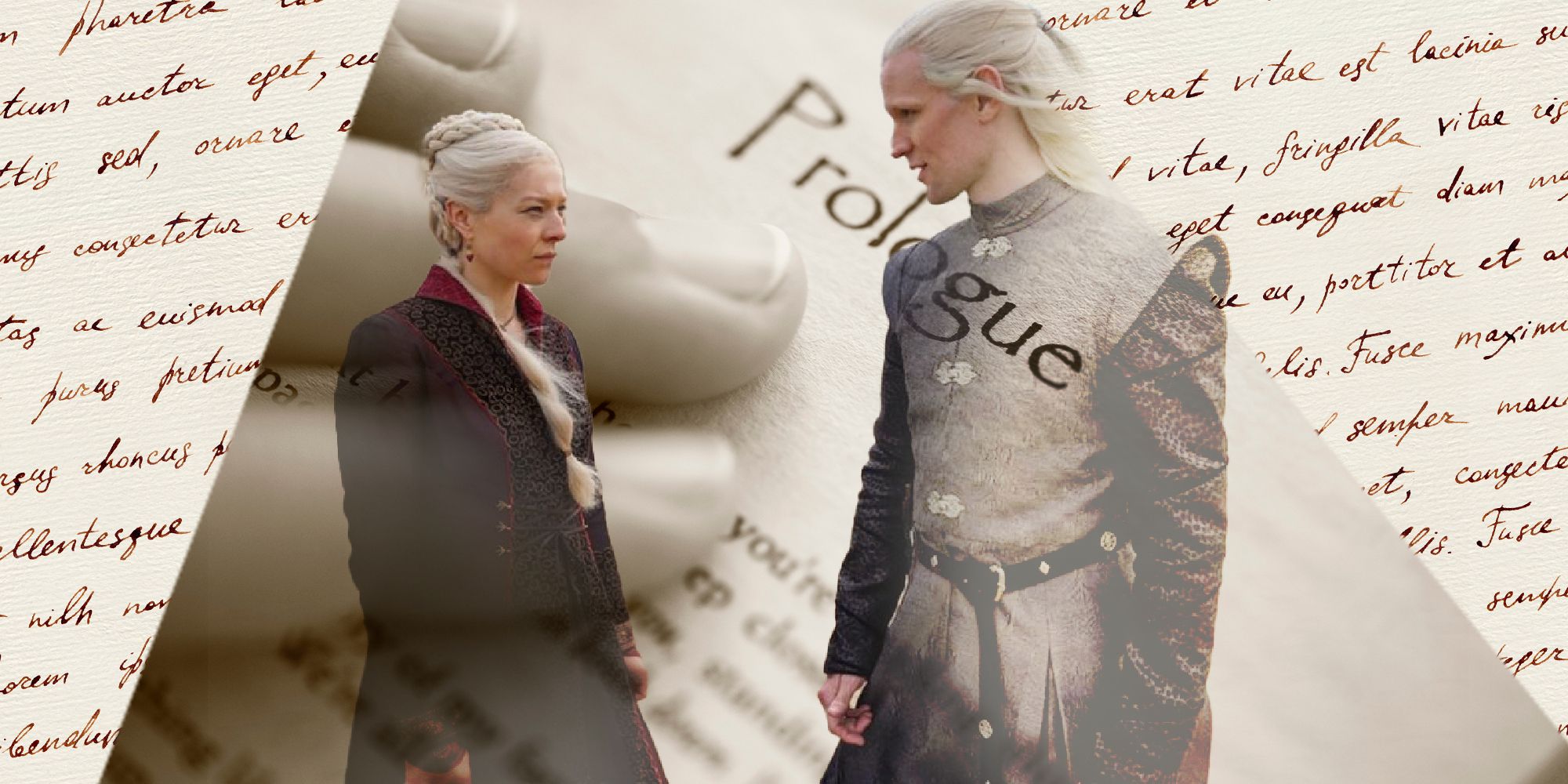House of the Dragon's Rhaenyra and Daemon look at each other against a backdrop of written words and the word 