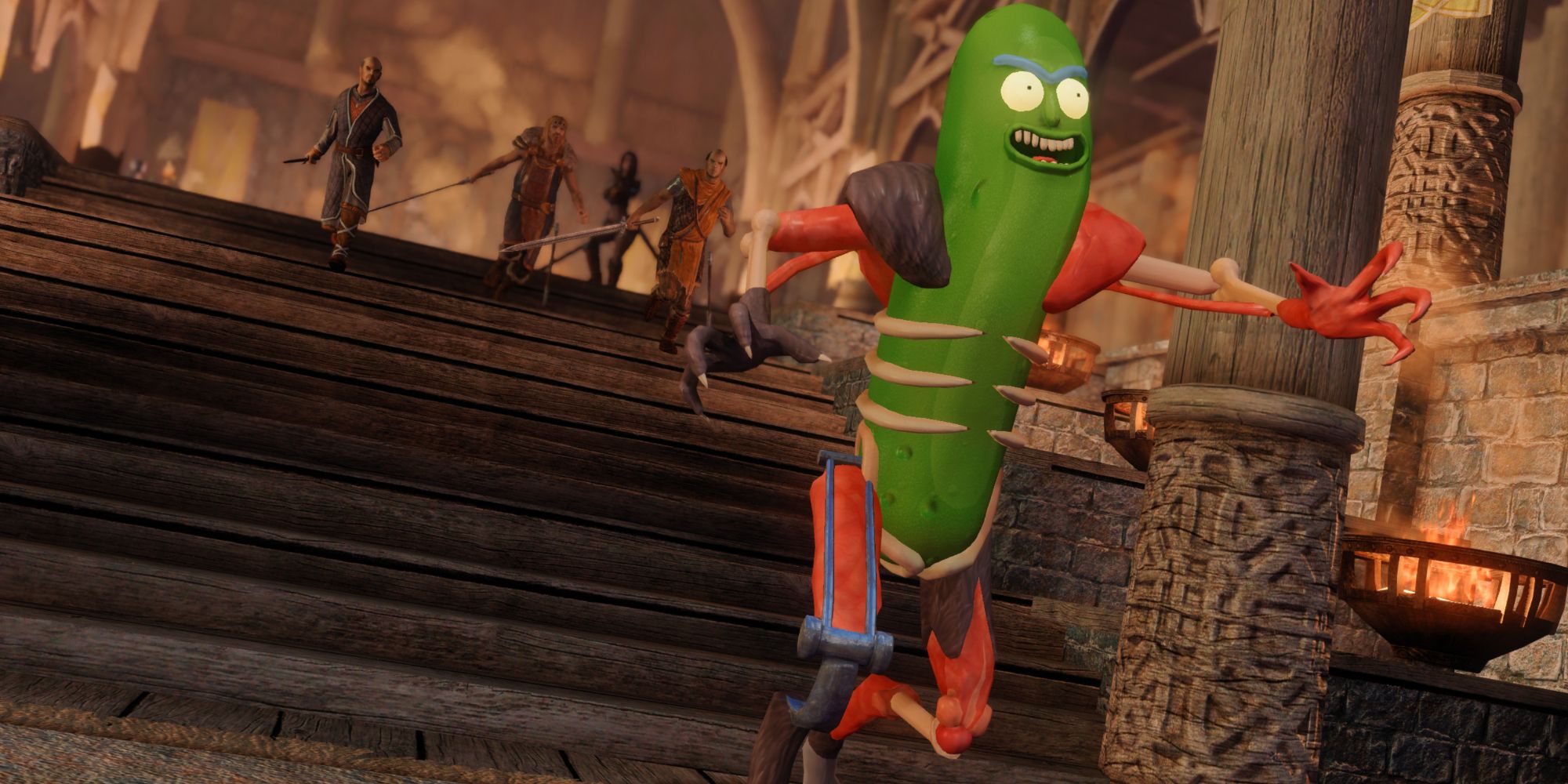 Immersive Lore-Friendly Werewolves mod in Skyrim showing a Pickle Rick skin for a werewolf running away from guards