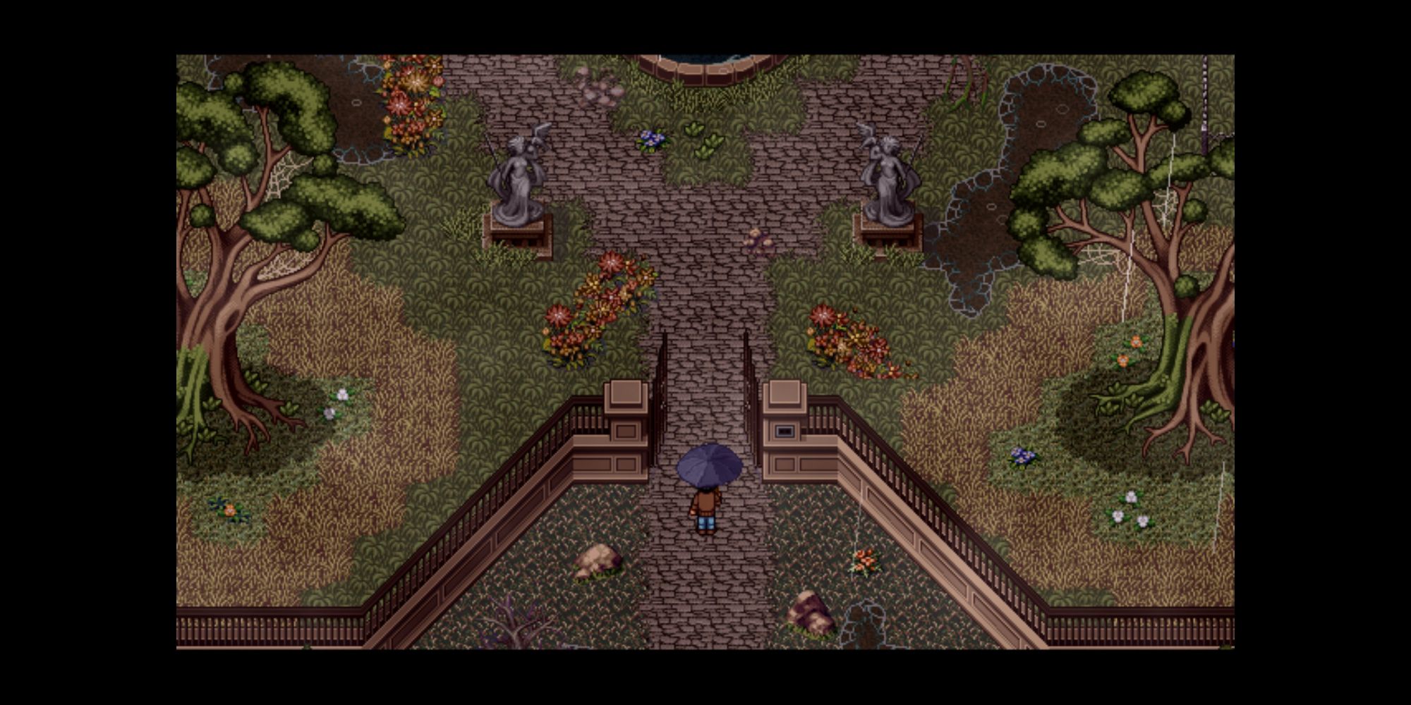 The gates of a seemingly abandoned mansion in Impostor Factory.