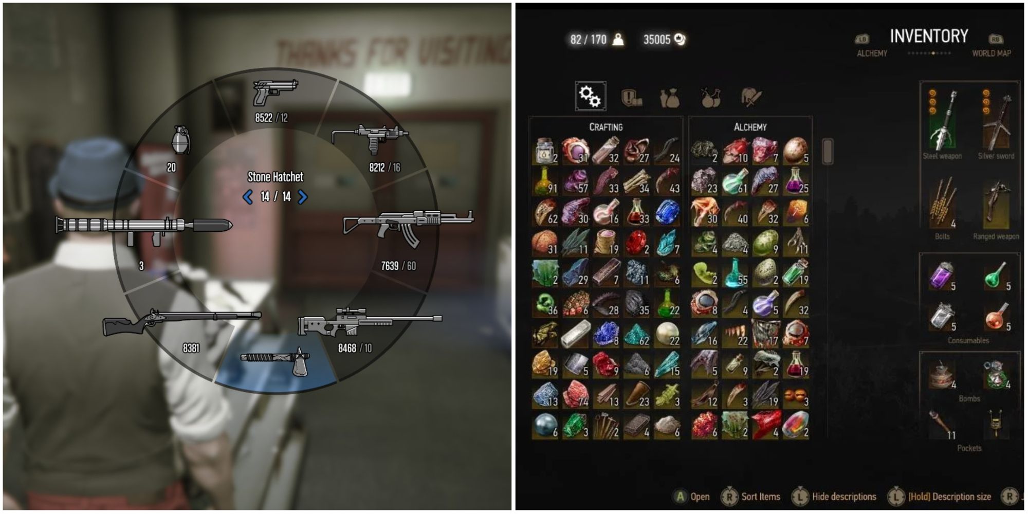 Inventory in The Witcher 3 and Weapon Wheel in Grand Theft Auto V