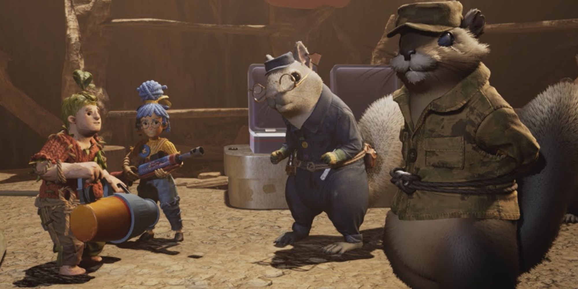 May and Cody holding weapons next to two military squirrels in It Takes Two