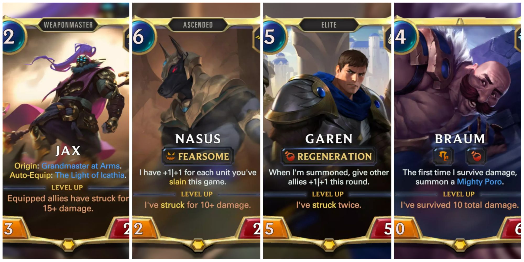 Legends of Runeterra split image of Jax, Nasus, Garen, and Braum rank one cards