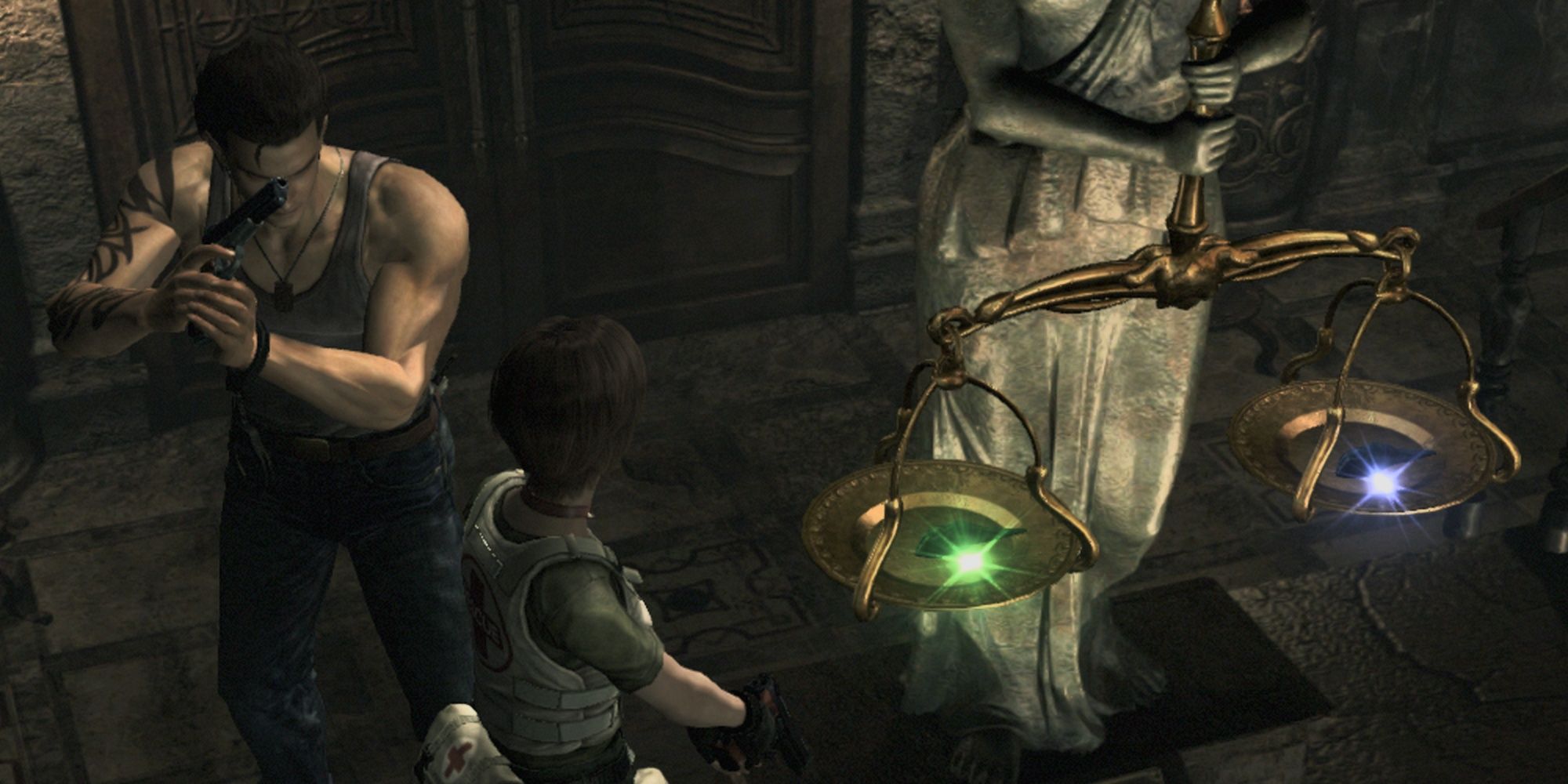 Two characters standing near a stone statue, holding a scale with two glowing objects on it