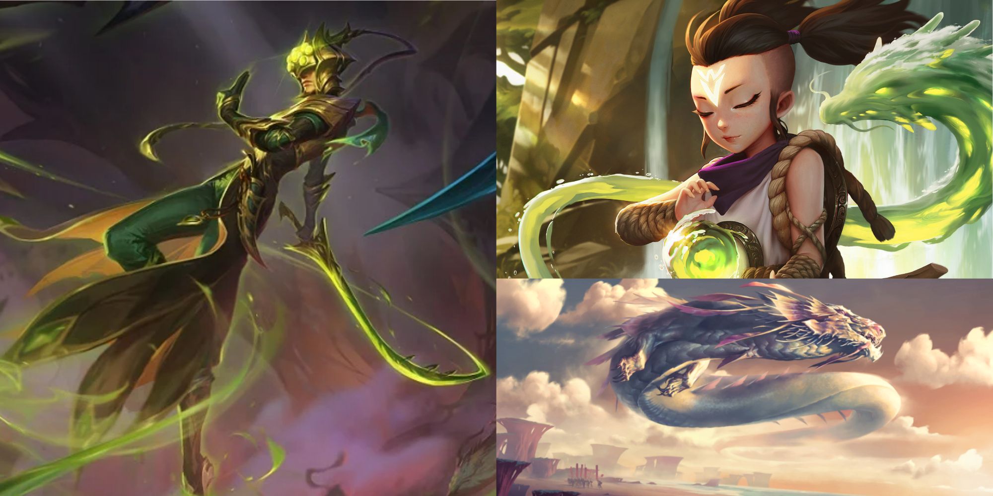 Legends of Runeterra split image of evolved Master Yi, Eye of the Dragon, and The Empyrean