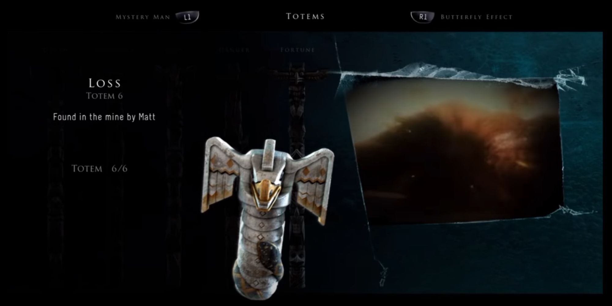 Loss Totem with brown accents depicting Mike getting barbecued in a fiery explosion in the cabin due to Sam's actions.