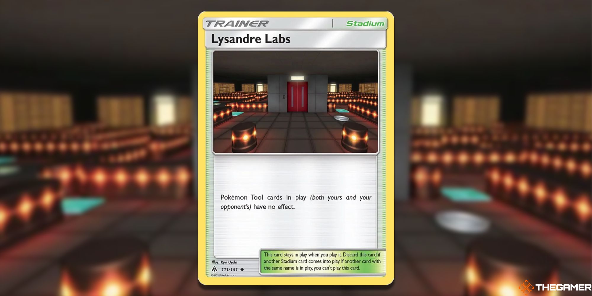 Lysandre Labs Pokemon TCG Card with blurred background