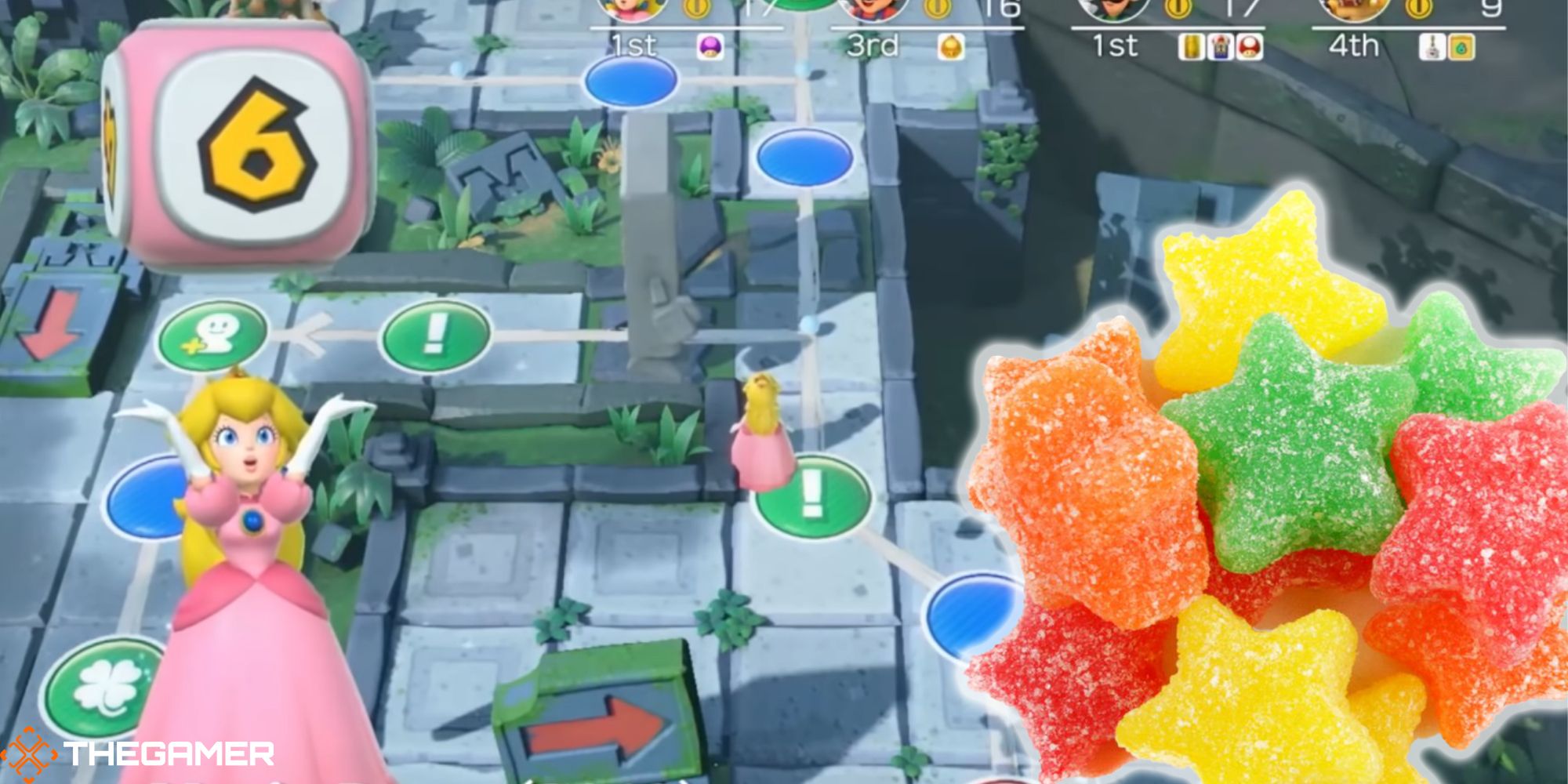 Princess Peach rolls a die next to a pile of colorful sour jelly stars. Custom image for TG.