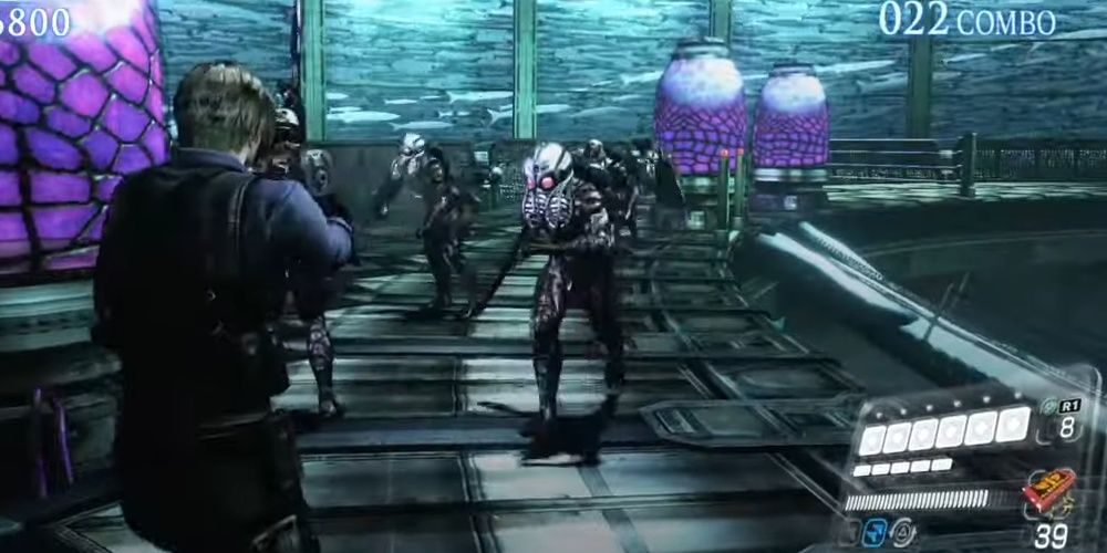 Man in a sci-fi facility as several monsters approach