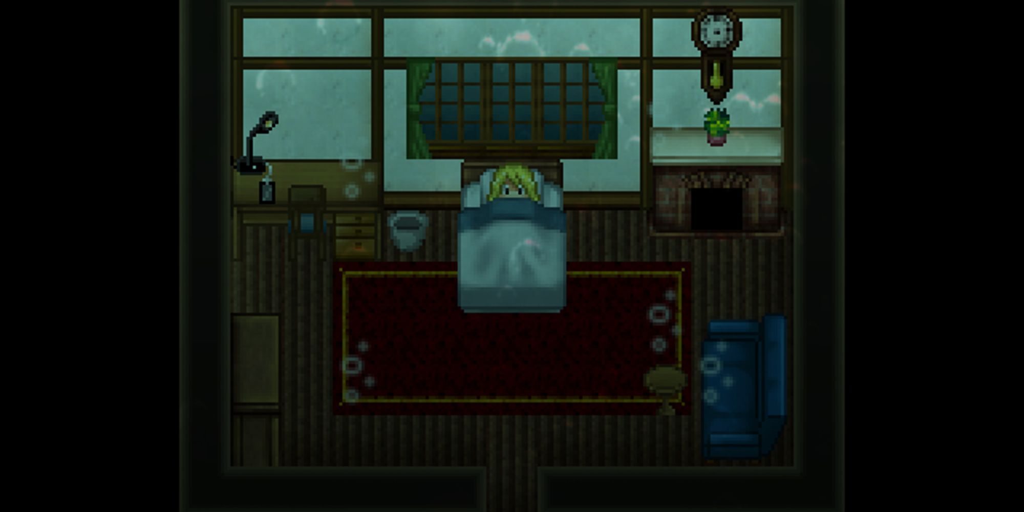 Rin laying in bed; the house seems to be underwater.