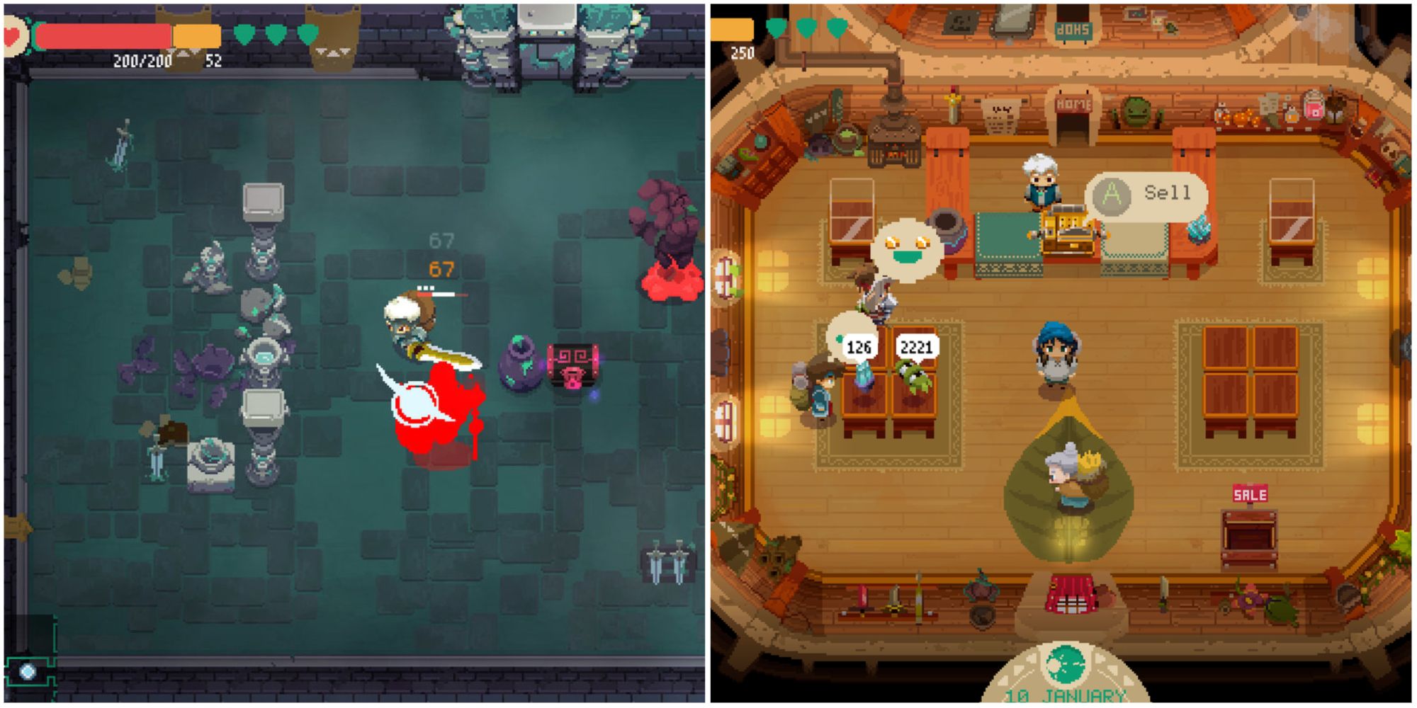 Collage of merchant fighting in the dungeon and selling items in his shop in Moonlighter