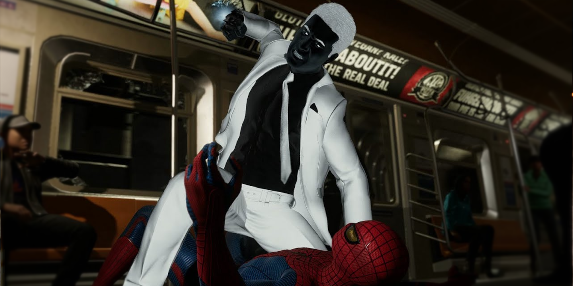 Mr. Negative and Spider-Man fighting in a train.