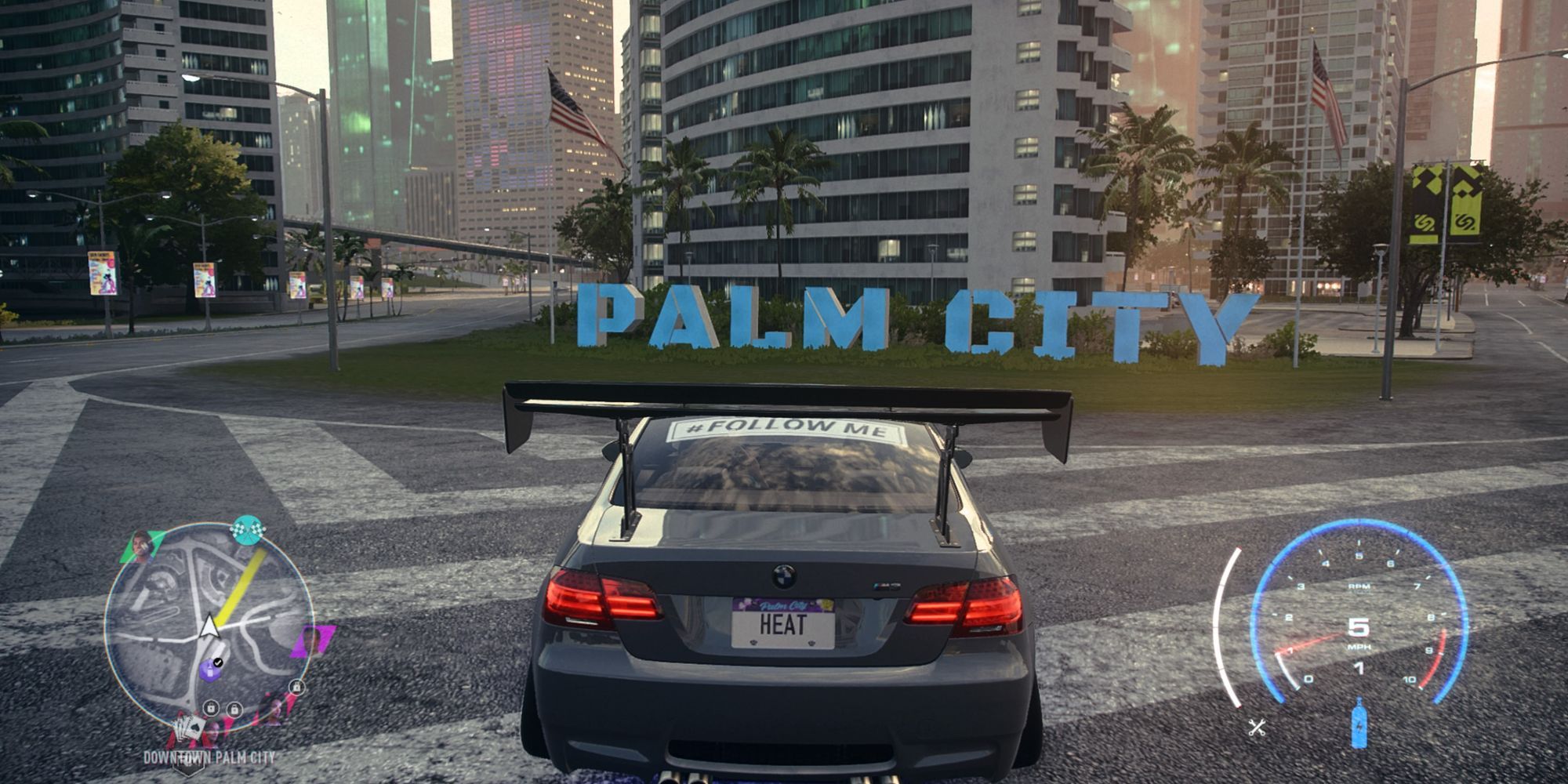 NFS Heat car in front of Palm City sign