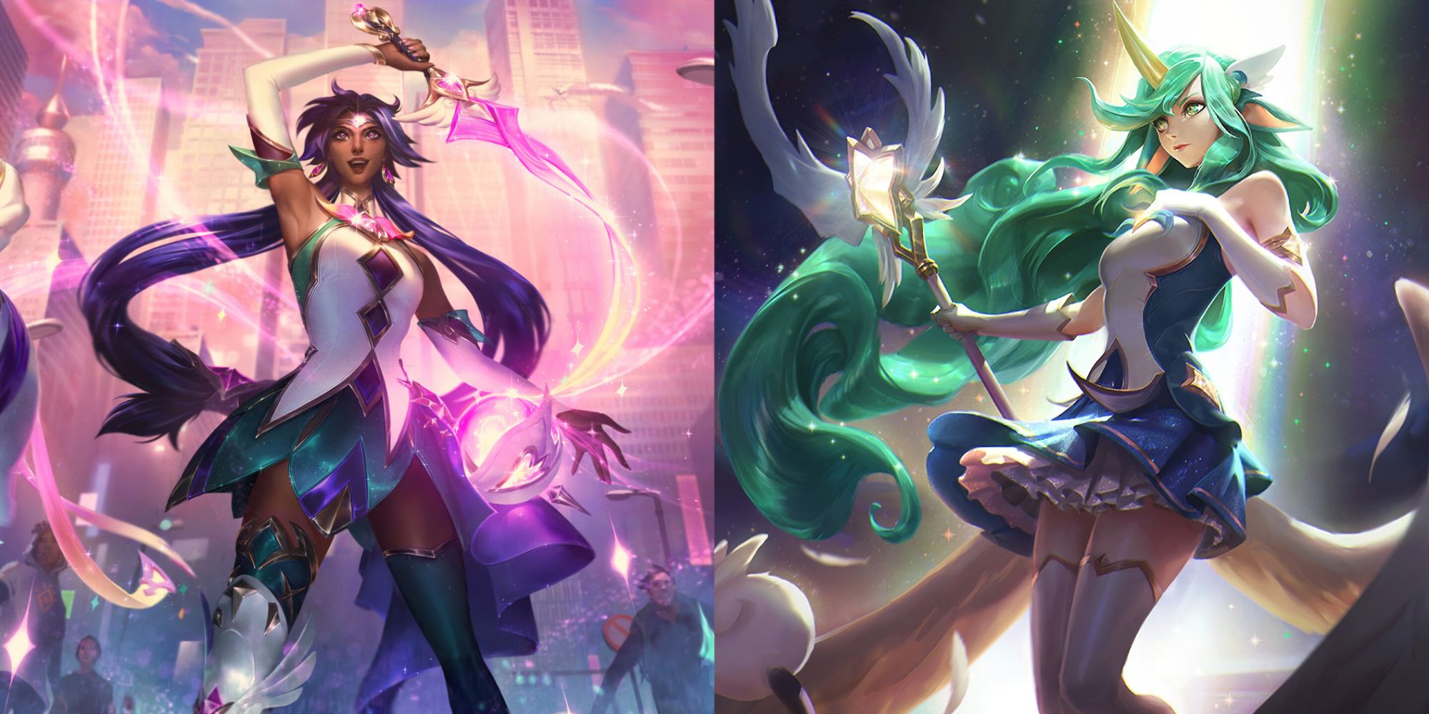 Star Guardian Nilah gazes up with mirth and joy, her whip at the ready, as Star Guardian Soraka looks on dauntlessly 