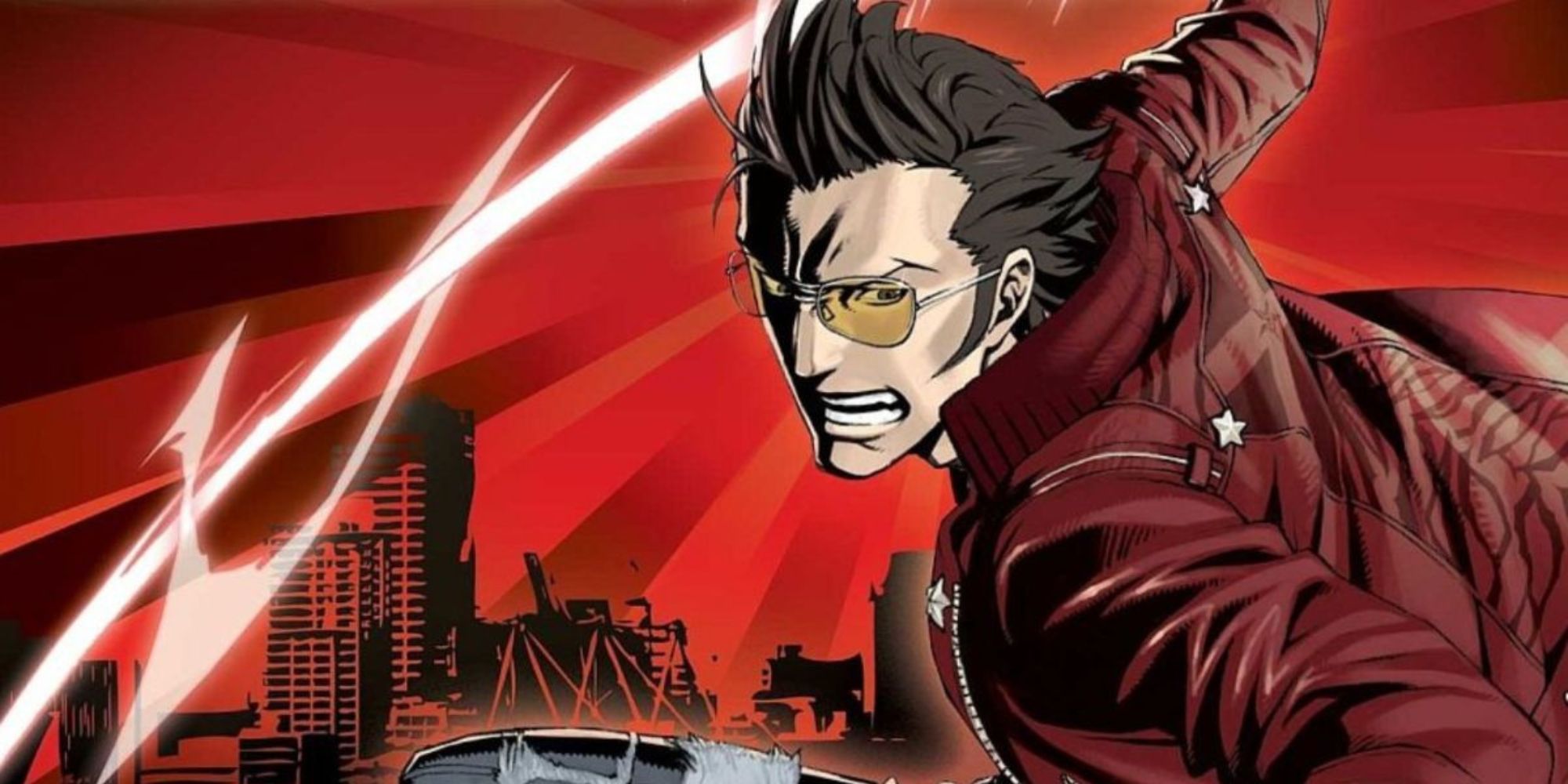 Travis Touchdown prepares to strike against a red background