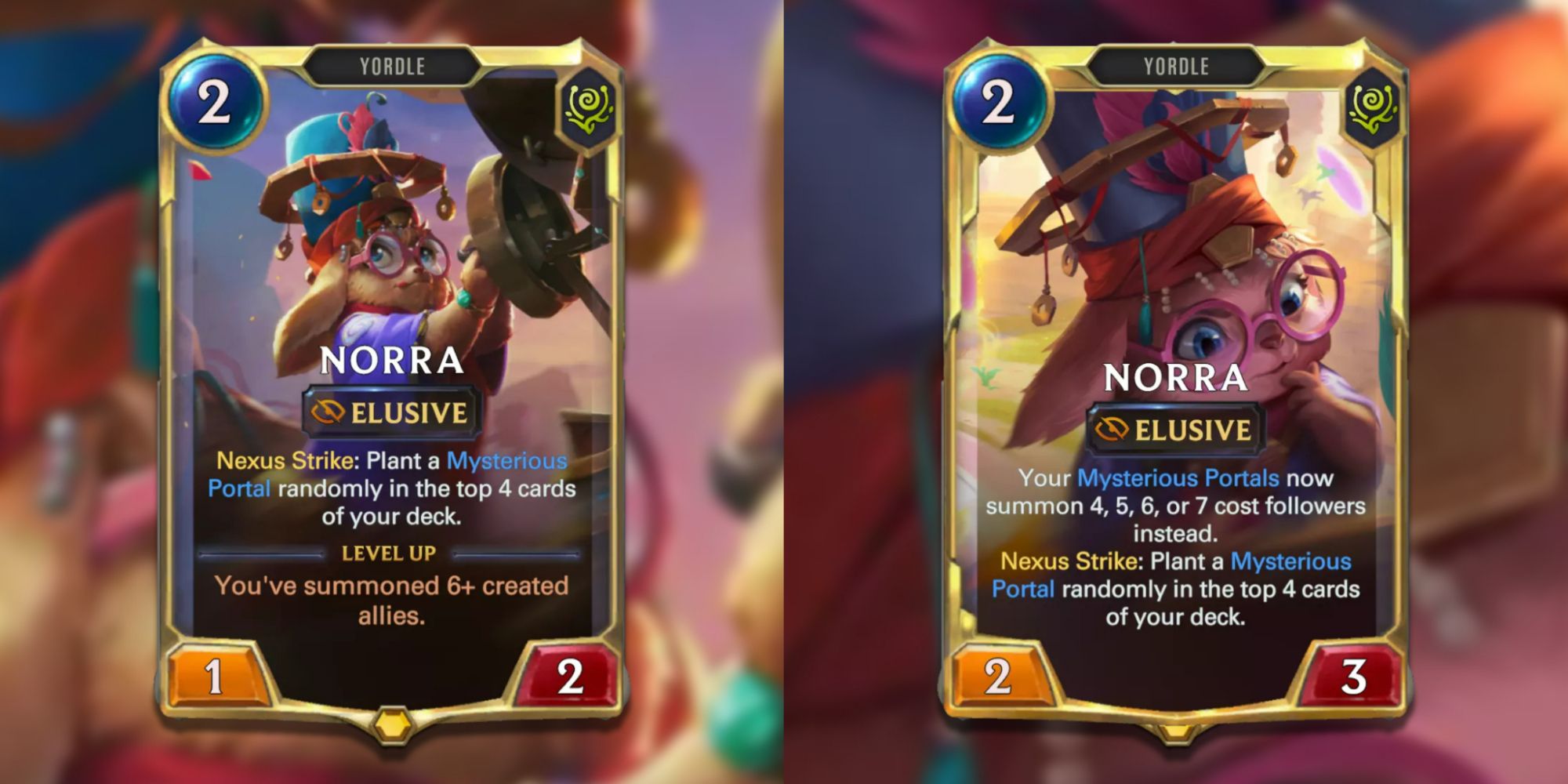 Legends of Runeterra split image of Norra base card and evolved card