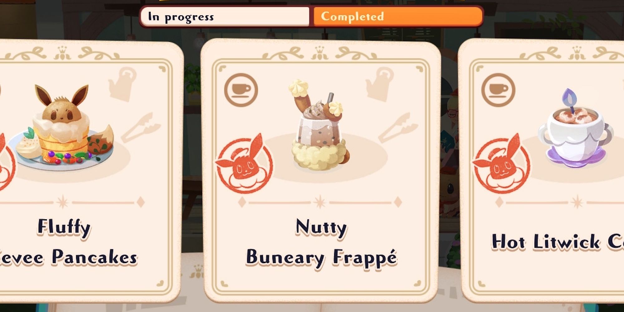 Nutty Buneary Frappe, as well as Fluffy Eevee Pancakes and Hot Litwick Cocoa from Pokemon Cafe Mix and Pokemon Cafe Remix