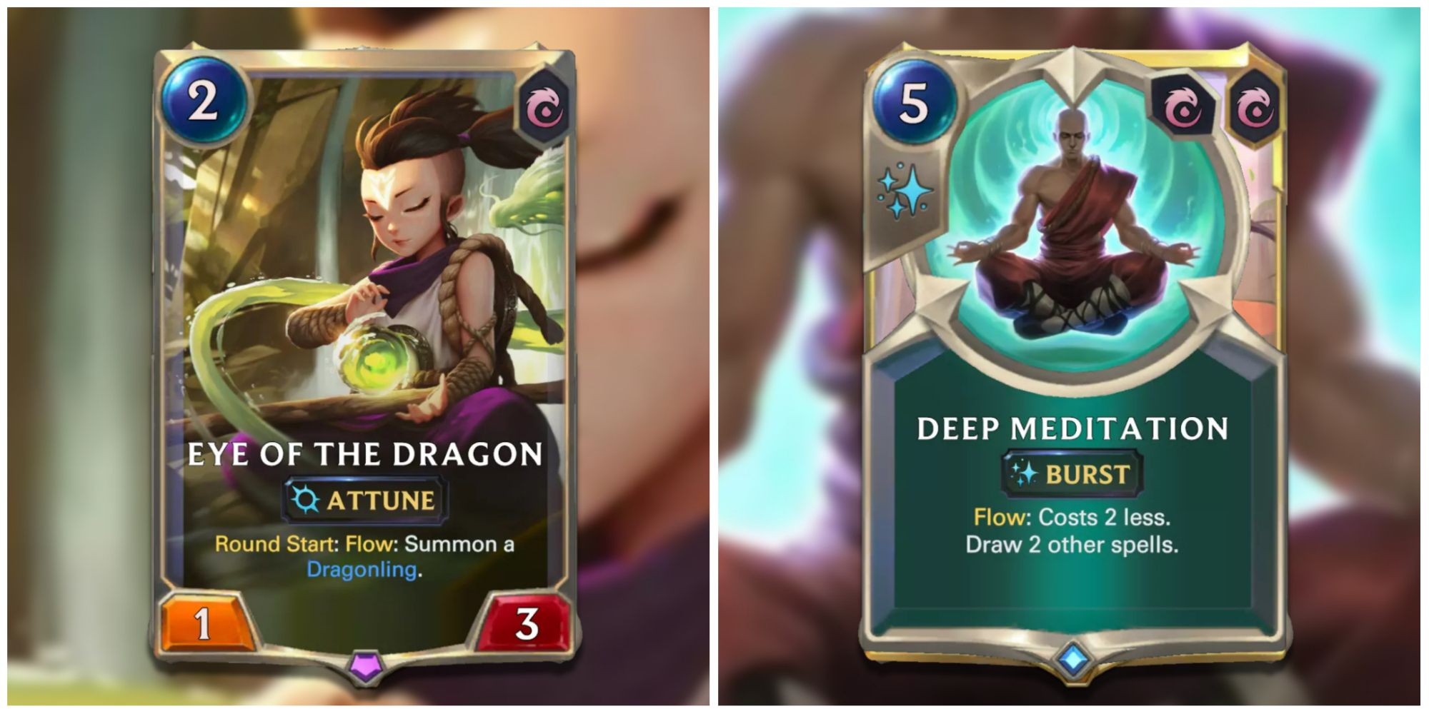 Legends of Runeterra split image of Eye of the Dragon on left and Deep Meditation on right